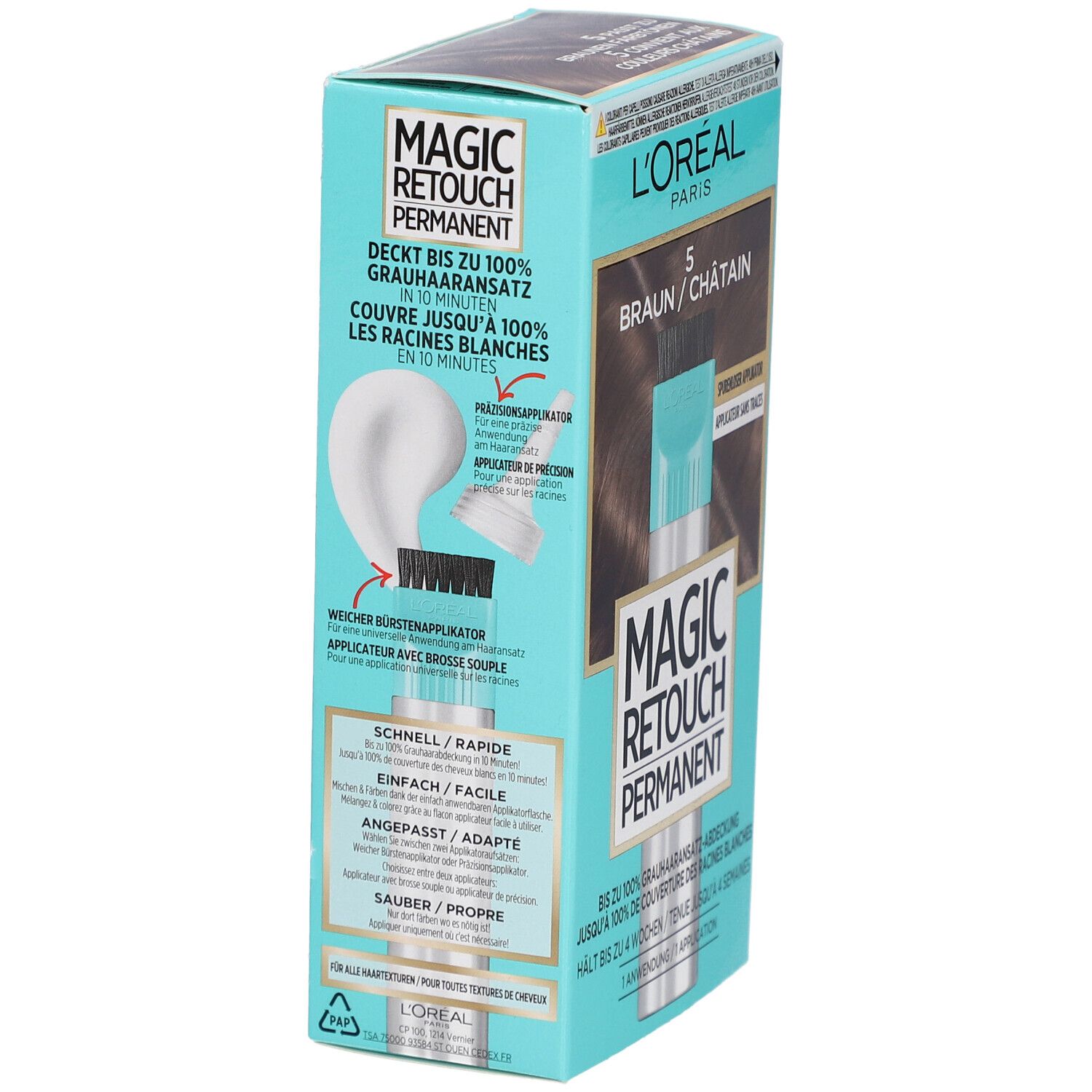 L'Oréal Paris Magic Retouch Permanent 5 Braun. Boîte avec image du produit et applicateur. Texte: Couvre jusqu'à 100% des racines blanches.