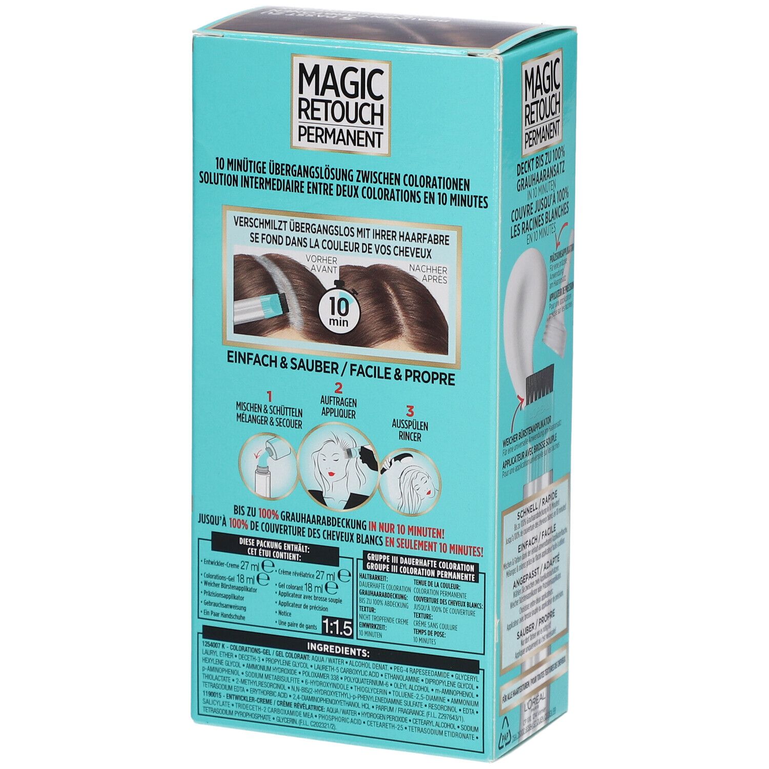 L'Oréal Paris Magic Retouch Permanent. Boîte avec image du produit et exemples d'application. Texte: Facile & Propre.