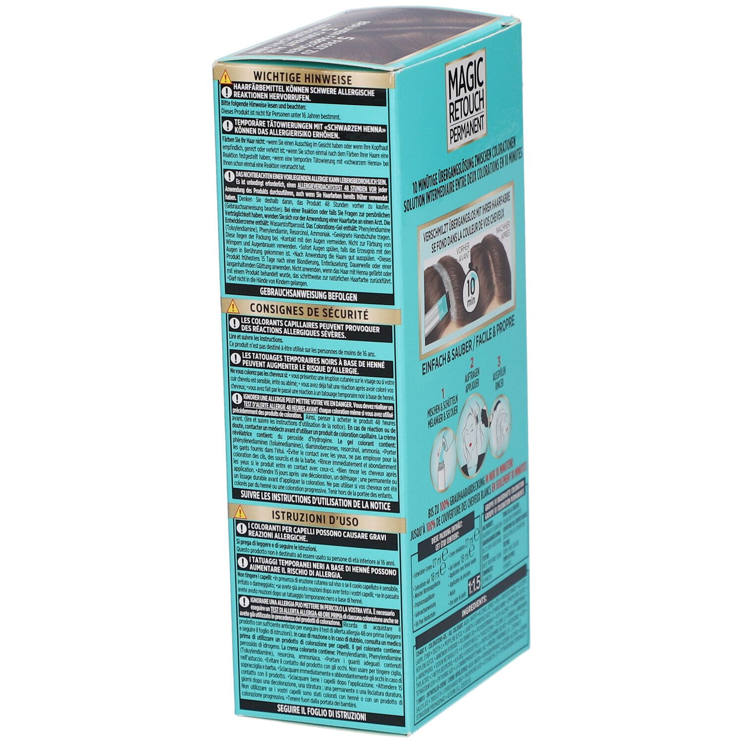 L'Oréal Paris Magic Retouch Permanent. Boîte avec texte et instructions d'utilisation. Texte: Consignes de sécurité, mode d'emploi.