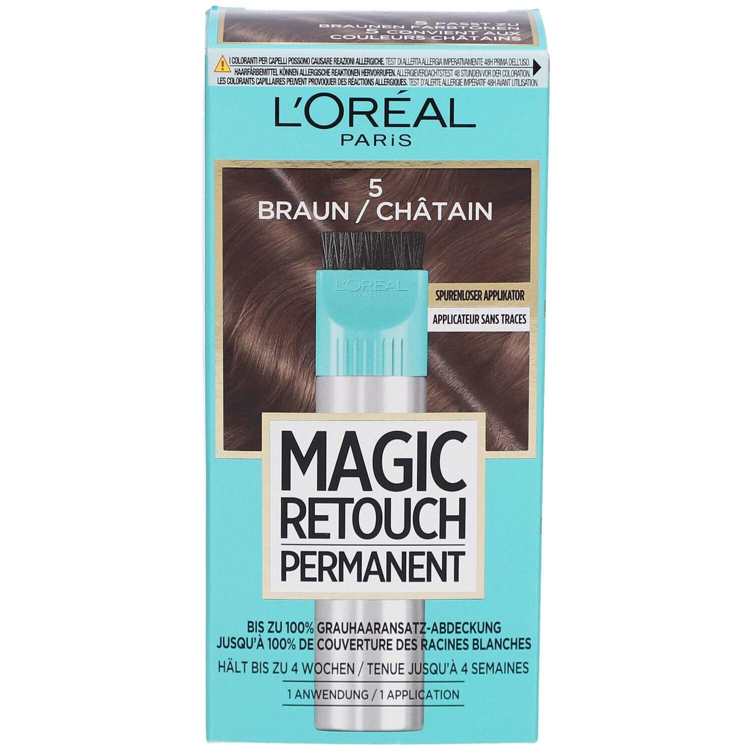 L'Oréal Paris Magic Retouch Permanent 5 Braun. Boîte avec image du produit et applicateur. Texte: 1 application.