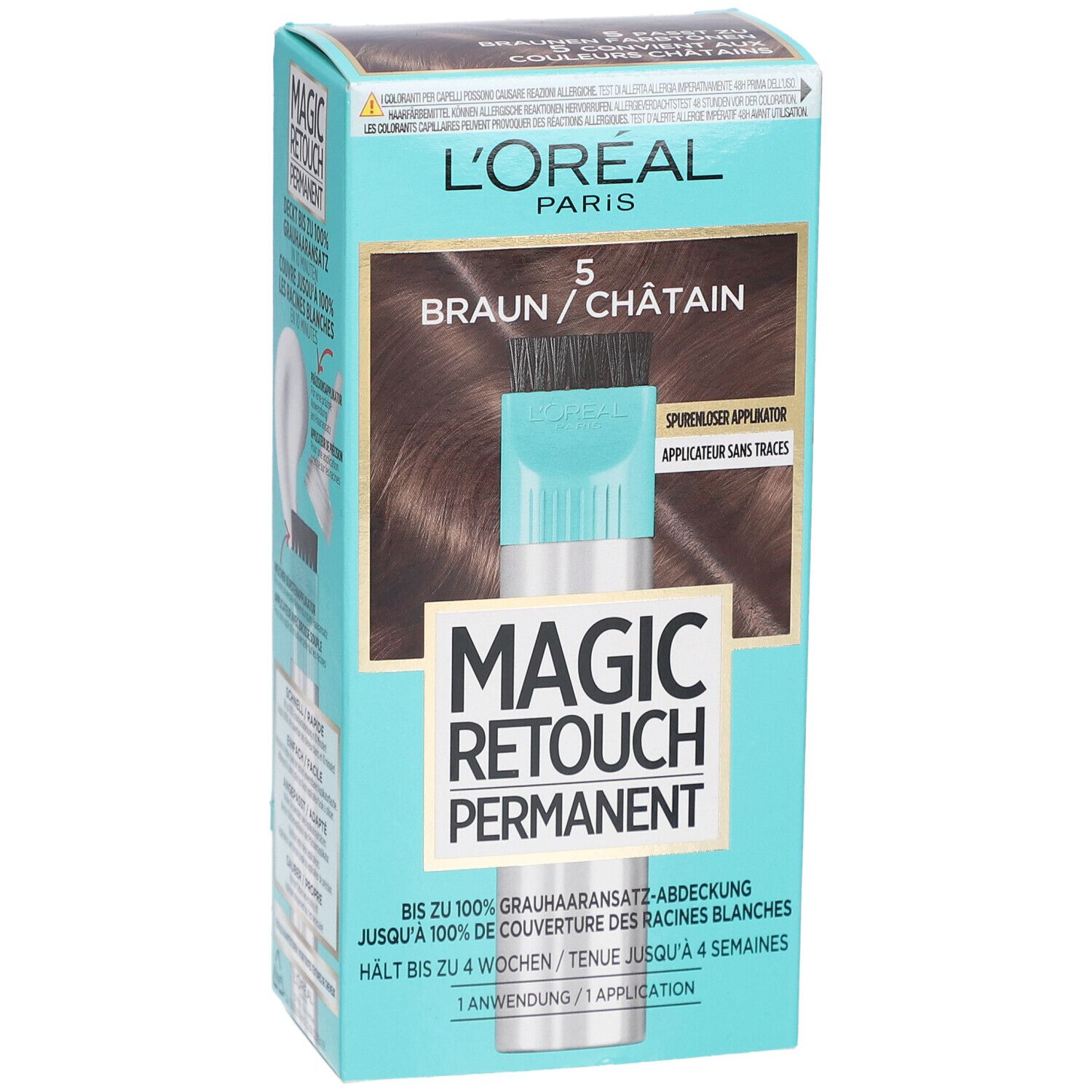 L'Oréal Paris Magic Retouch Permanent 5 Braun. Boîte avec image du produit et applicateur. Texte: Tient jusqu'à 4 semaines.
