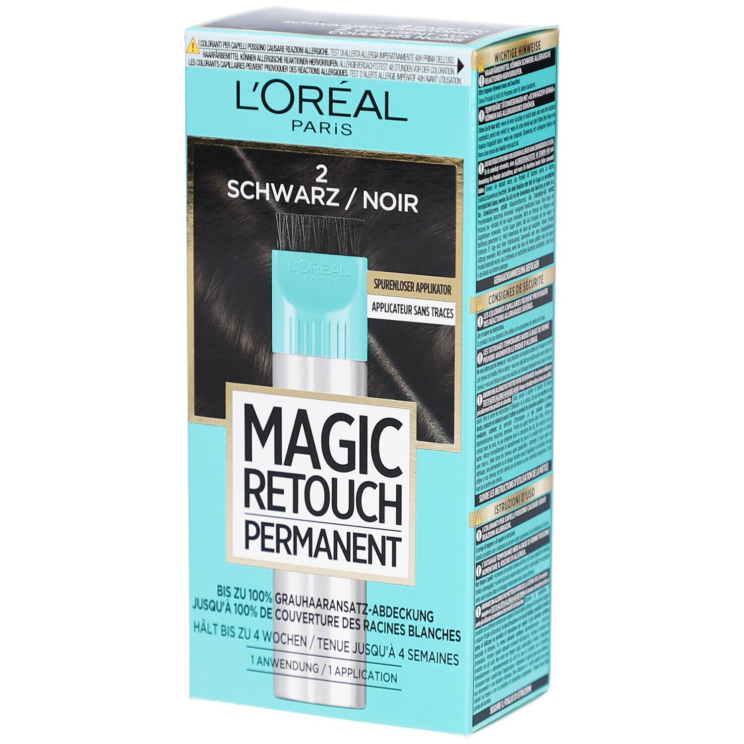 Schachtel mit MAGIC RETOUCH Permanent. Aufdruck: 2 Schwarz/Noir. Applikator mit Bürste. Türkis-schwarze Verpackung.