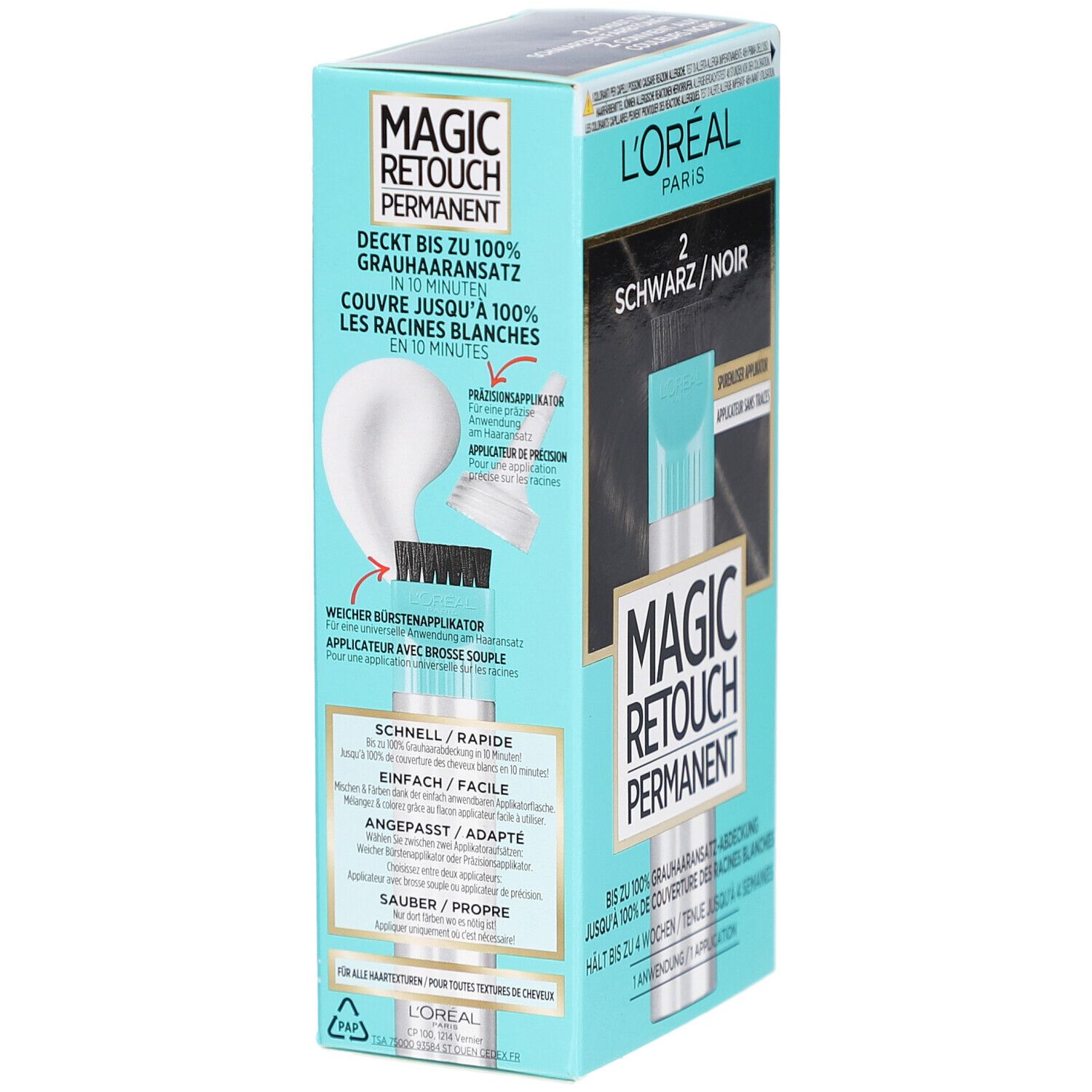 Schachtel MAGIC RETOUCH Permanent. Applikator mit Bürste und Präzisionsapplikator. Türkis-schwarze Verpackung.