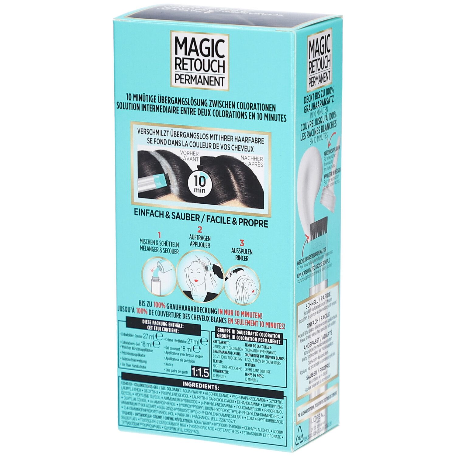 Rückseite der Schachtel MAGIC RETOUCH Permanent. Illustrationen zur Anwendung. Türkis-schwarze Verpackung.