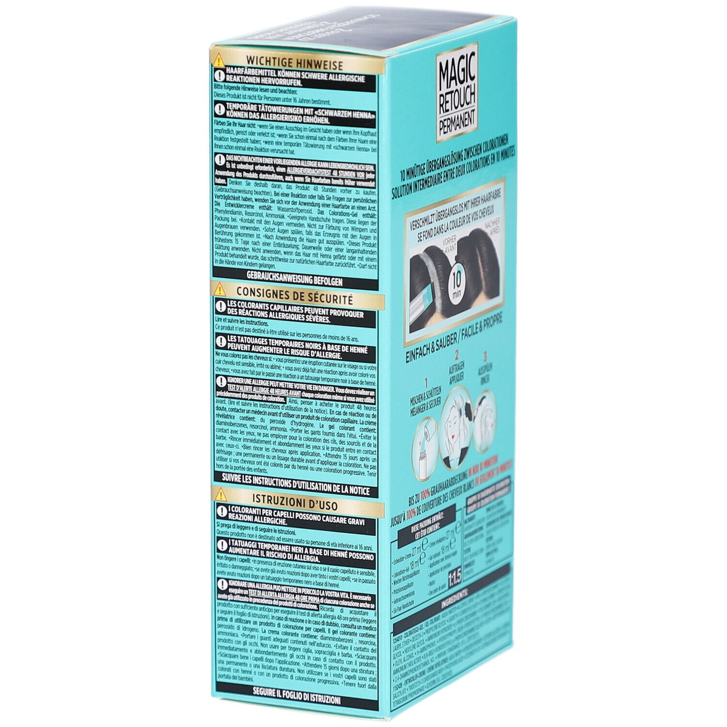 Seite der Schachtel MAGIC RETOUCH Permanent. Hinweise und Sicherheitsanweisungen. Türkis-schwarze Verpackung.