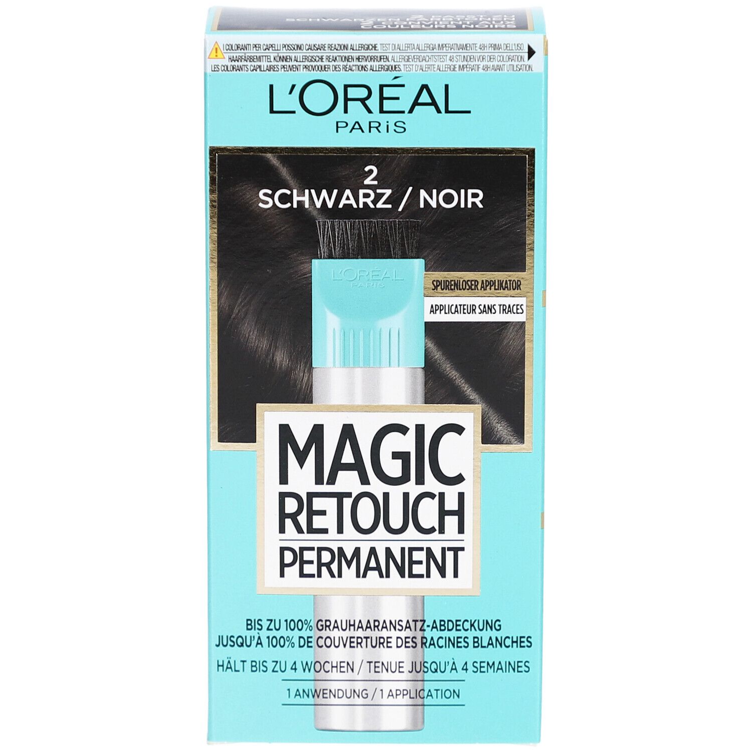Schachtel MAGIC RETOUCH Permanent. Aufdruck: 2 Schwarz/Noir. Applikator mit Bürste. Türkis-schwarze Verpackung.