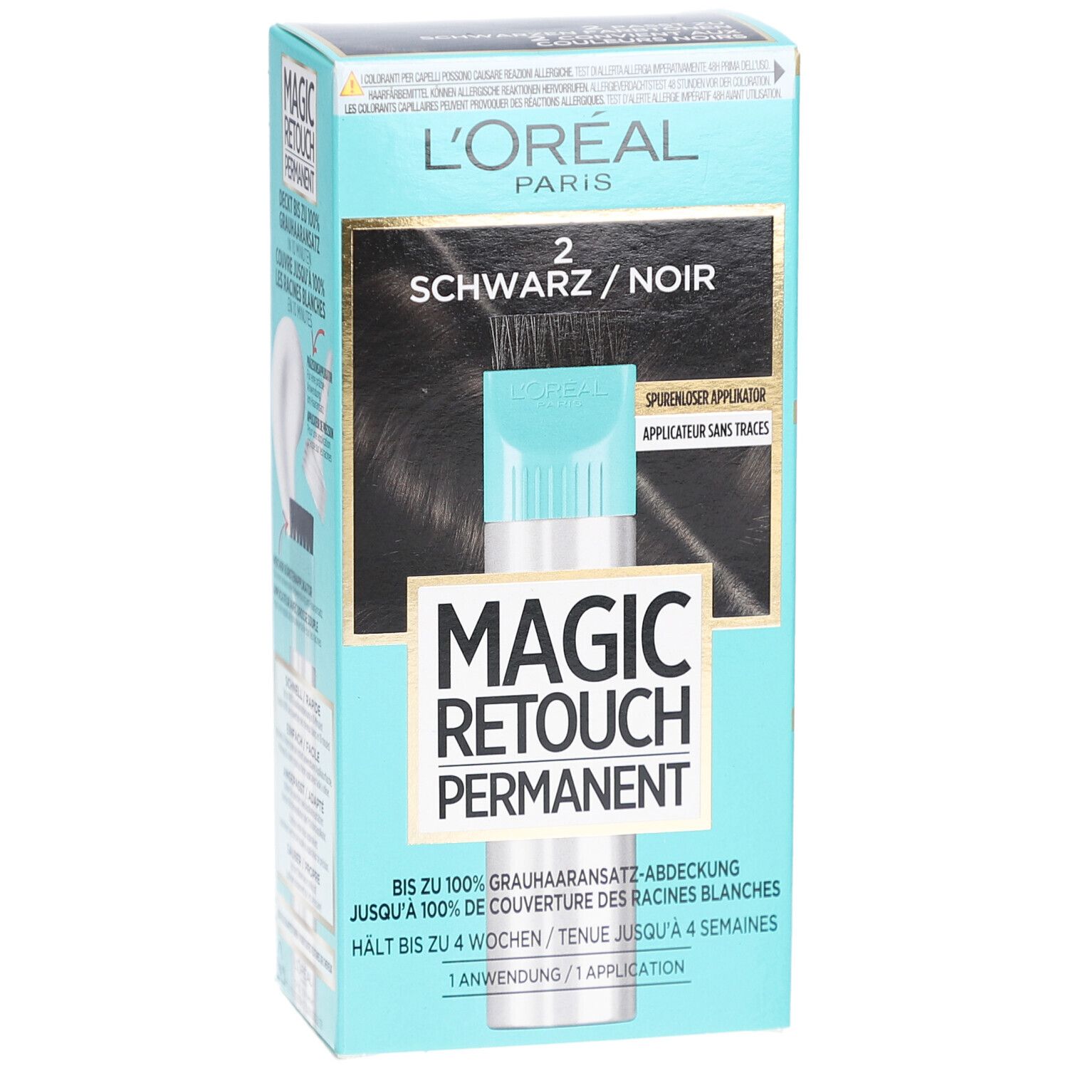 Schachtel MAGIC RETOUCH Permanent. Aufdruck: 2 Schwarz/Noir. Applikator mit Bürste. Türkis-schwarze Verpackung.