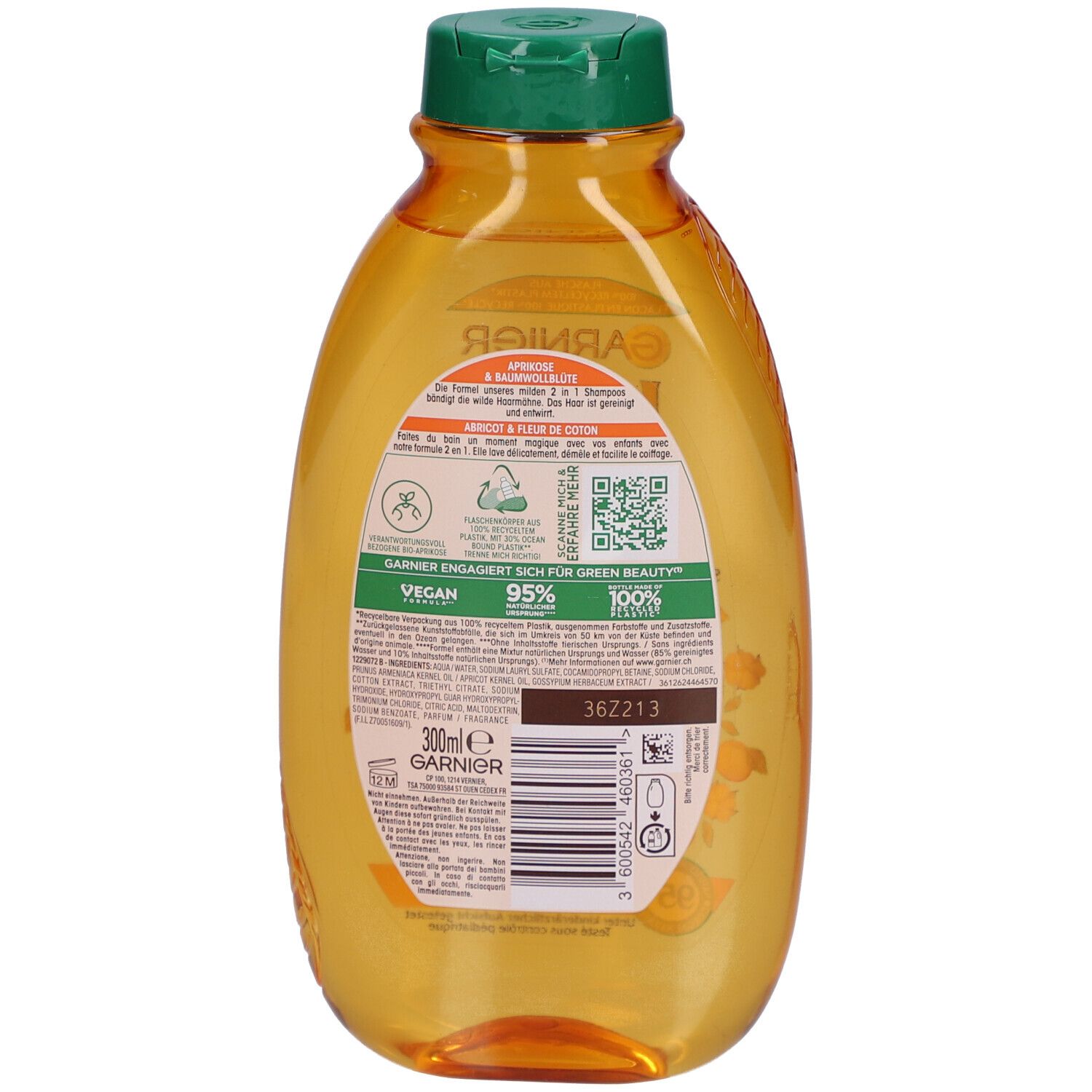 Rückseite der Garnier Ultra Doux Kids 2in1 Shampoo-Flasche. Etikett mit Produktinformationen, QR-Code und Barcode.
