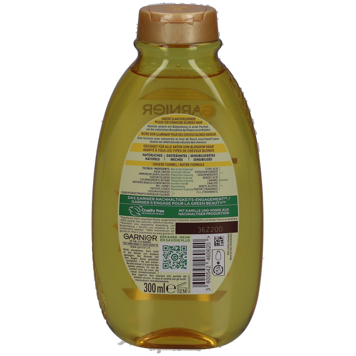 Rückseite der Garnier Ultra Doux Shampoo Flasche. Text und QR-Code. Braune Produktinformationen. 300 ml.