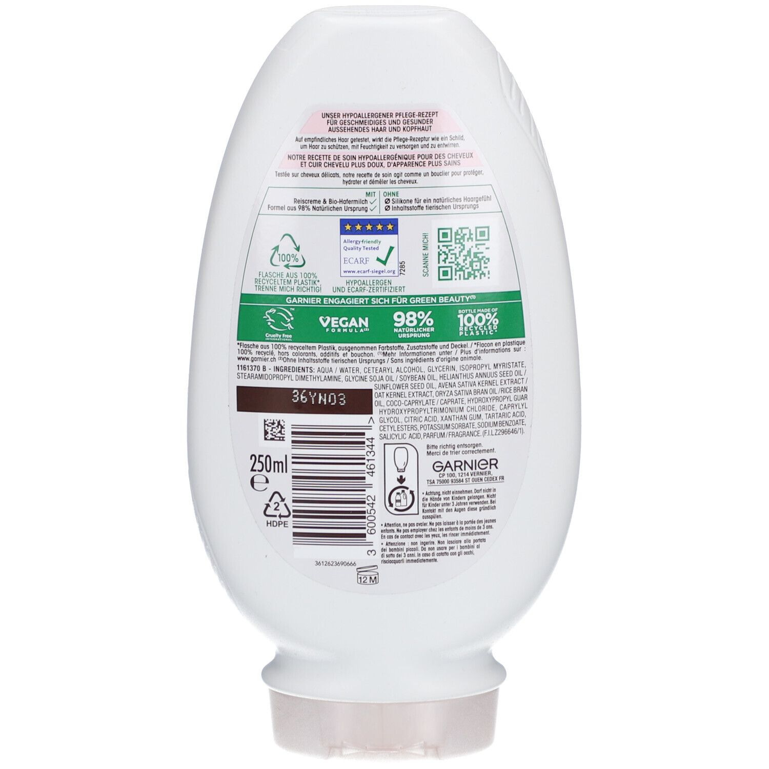 Rückseite der weißen Flasche. Enthält Informationen zu Inhaltsstoffen, Nachhaltigkeit und Zertifizierungen. 250ml Volumen.