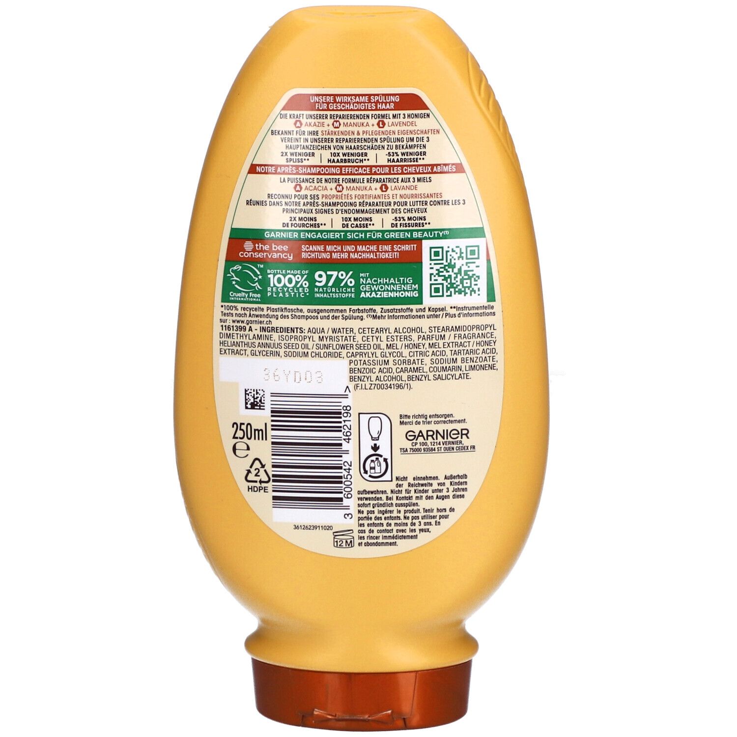 Rückseite der gelben Flasche. Text: GARNIER, Inhaltsstoffe, 250ml. Mit Recycling-Symbolen und QR-Code.