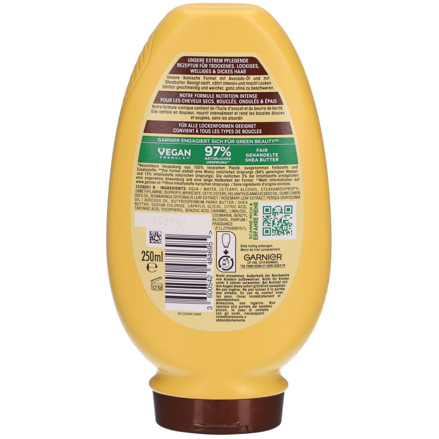Dos du flacon jaune Garnier Ultra Doux. Texte et code QR. Logo vegan. 97% ingrédients d'origine naturelle. 250ml.