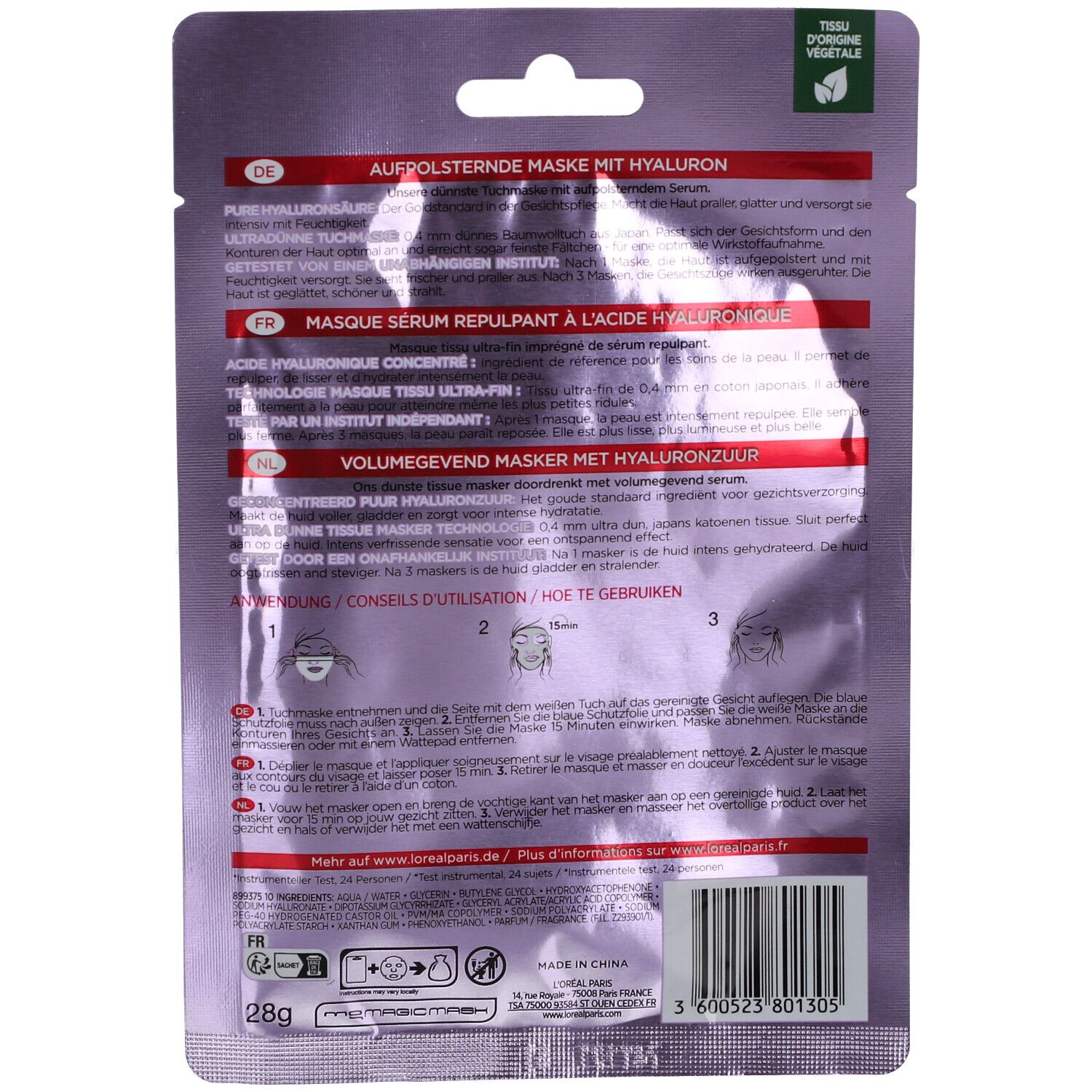 Rückseite der L'Oréal Revitalift Filler Tissue Mask Verpackung. Text in mehreren Sprachen. Enthält Anwendungsanleitung.