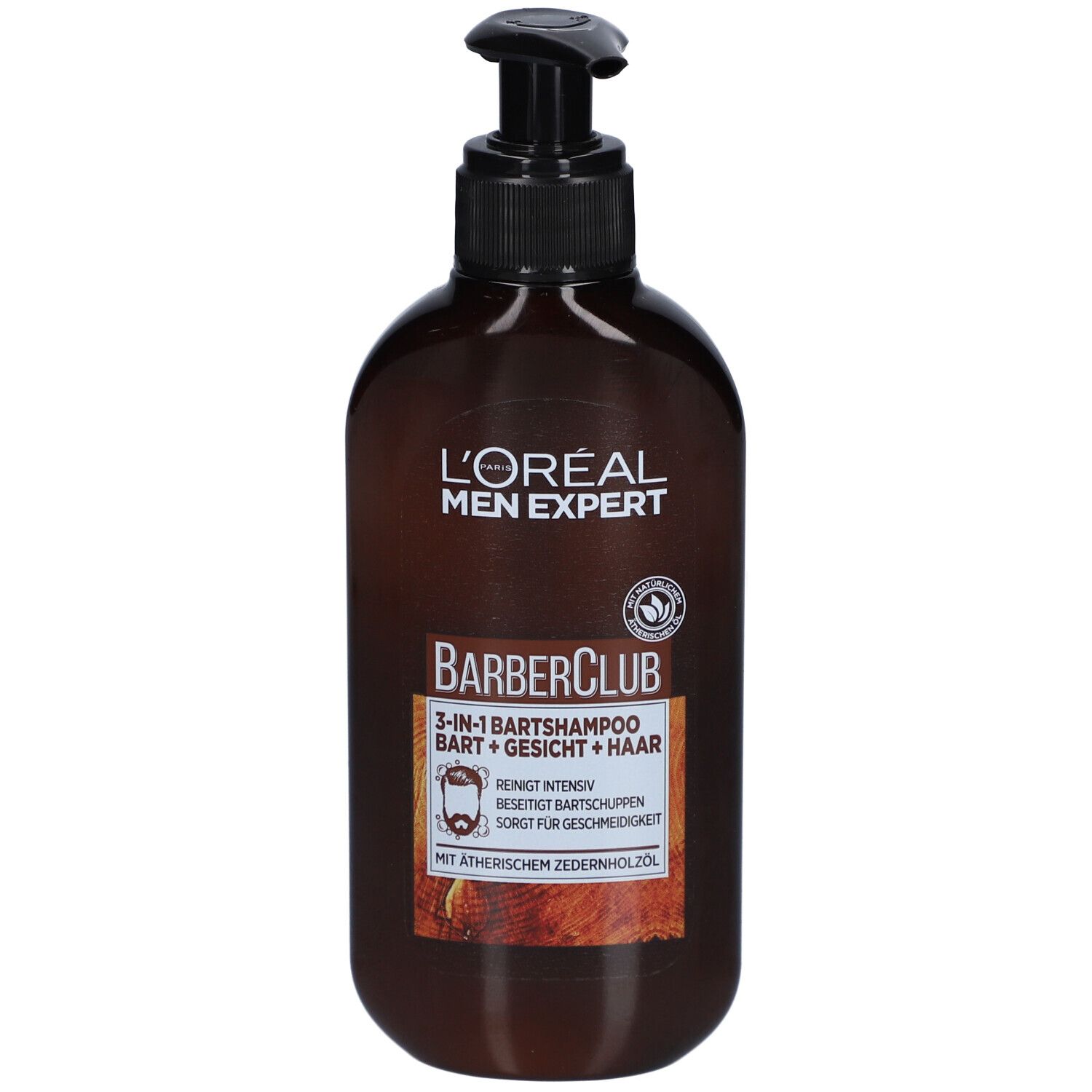 Braune Flasche mit schwarzem Pumpkopf. L'Oréal Men Expert Barber Club 3-in-1 Bartshampoo. Text auf Etikett.