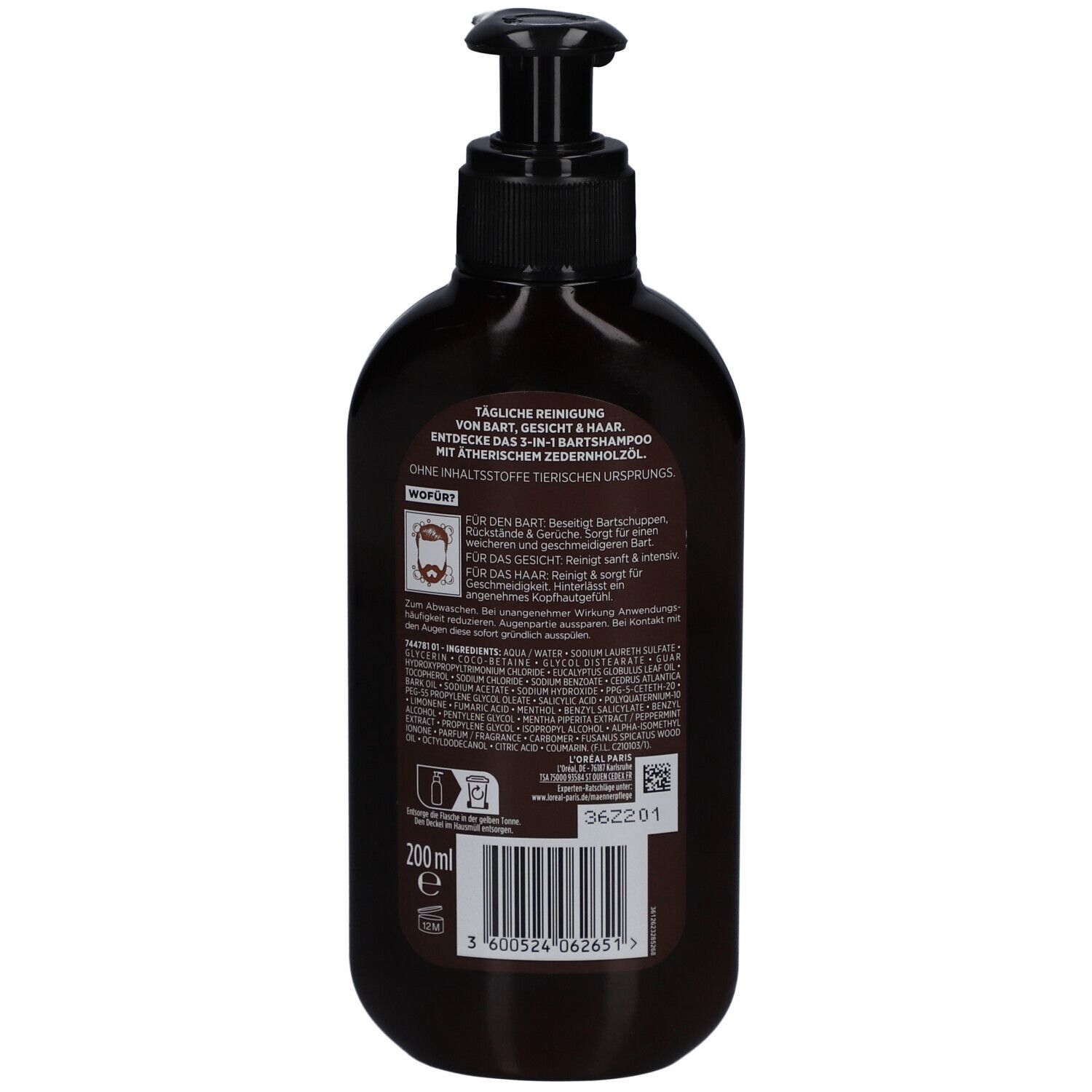 Rückseite der braunen Flasche mit schwarzem Pumpkopf. Text und Barcode auf dem Etikett. L'Oréal Men Expert.