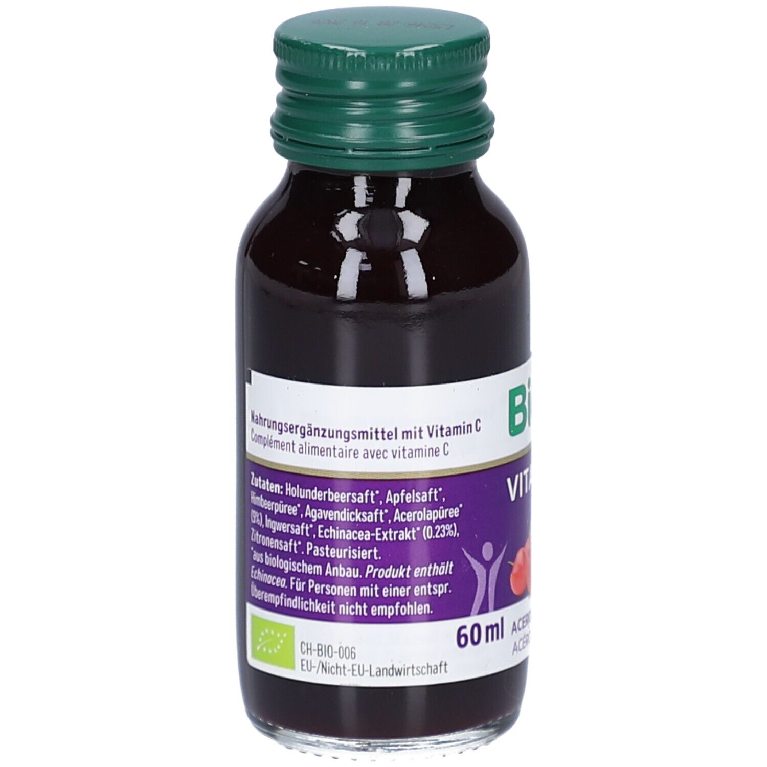 Braune Glasflasche mit grünem Deckel. Etikett mit Text über Inhaltsstoffe und Nährwertangaben. 60 ml.