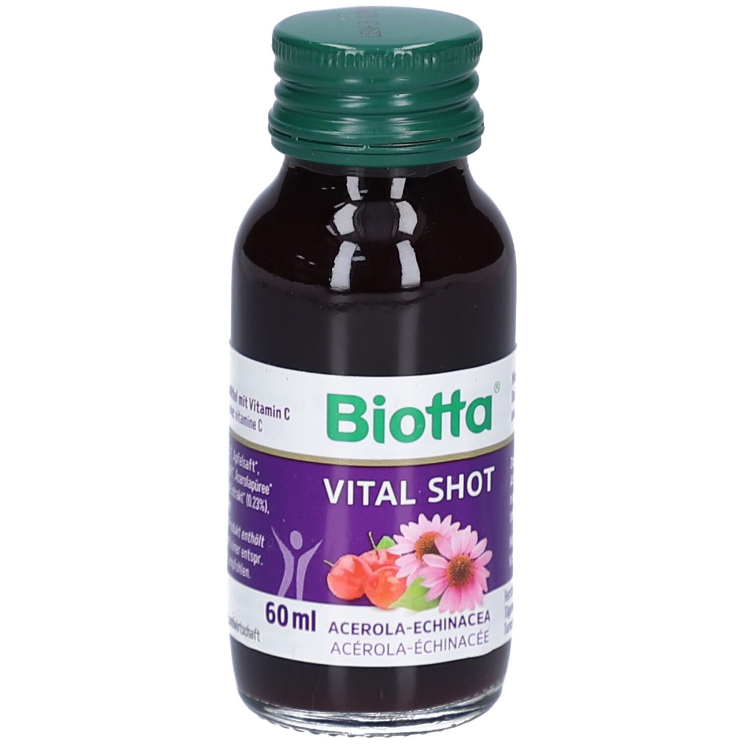 Braune Glasflasche mit grünem Deckel. Etikett mit "Biotta Vital Shot", Illustrationen und Text. 60 ml.
