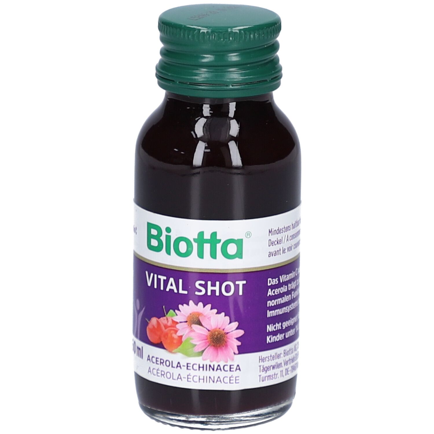 Braune Glasflasche mit grünem Deckel. Etikett mit "Biotta Vital Shot", Illustrationen und Text. 60 ml.