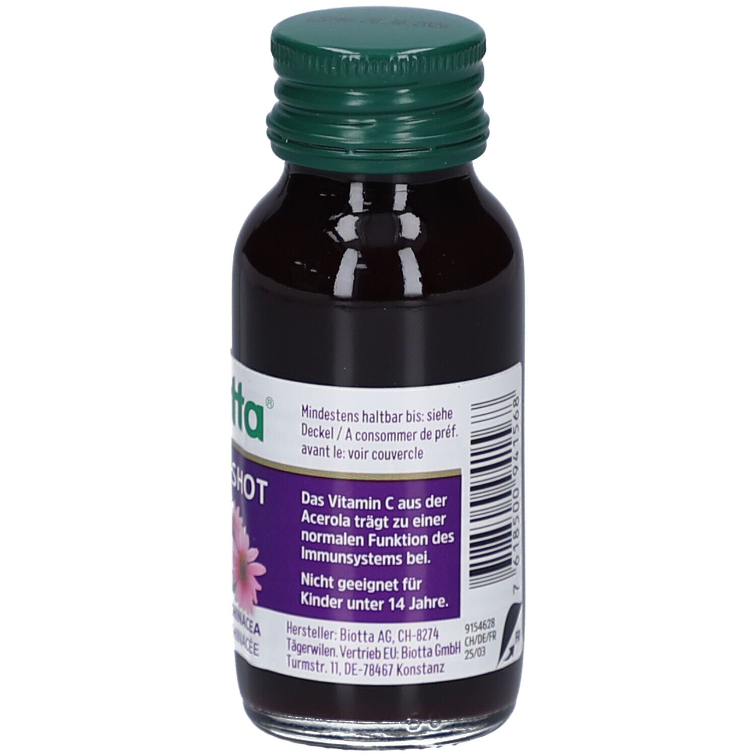 Braune Glasflasche mit grünem Deckel. Etikett mit Text, Herstellerinformationen und Bio-Siegel. 60 ml.