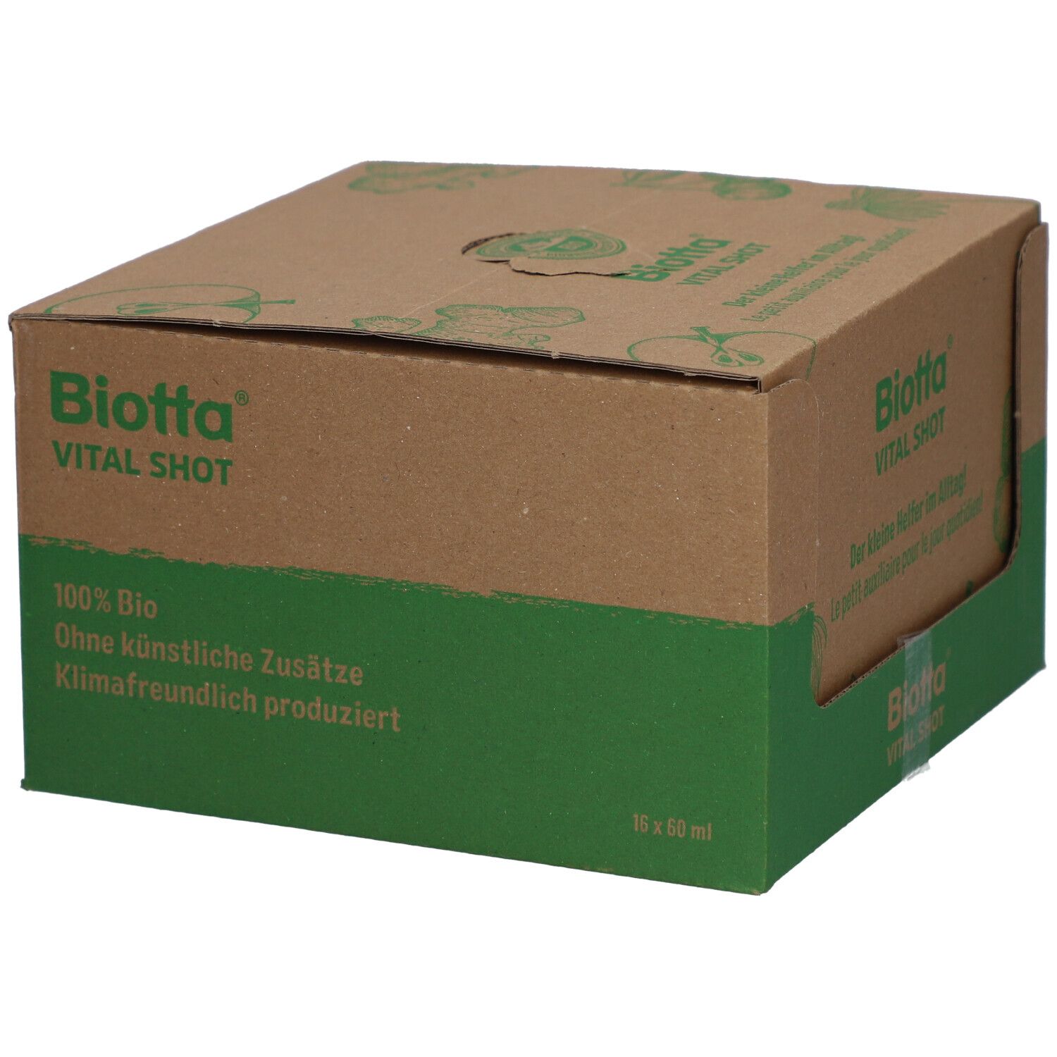 Kartonverpackung von Biotta Vital Shot. Grün-braune Farbgebung. Aufschrift: 100% Bio, Ohne künstliche Zusätze, Klimafreundlich produziert.