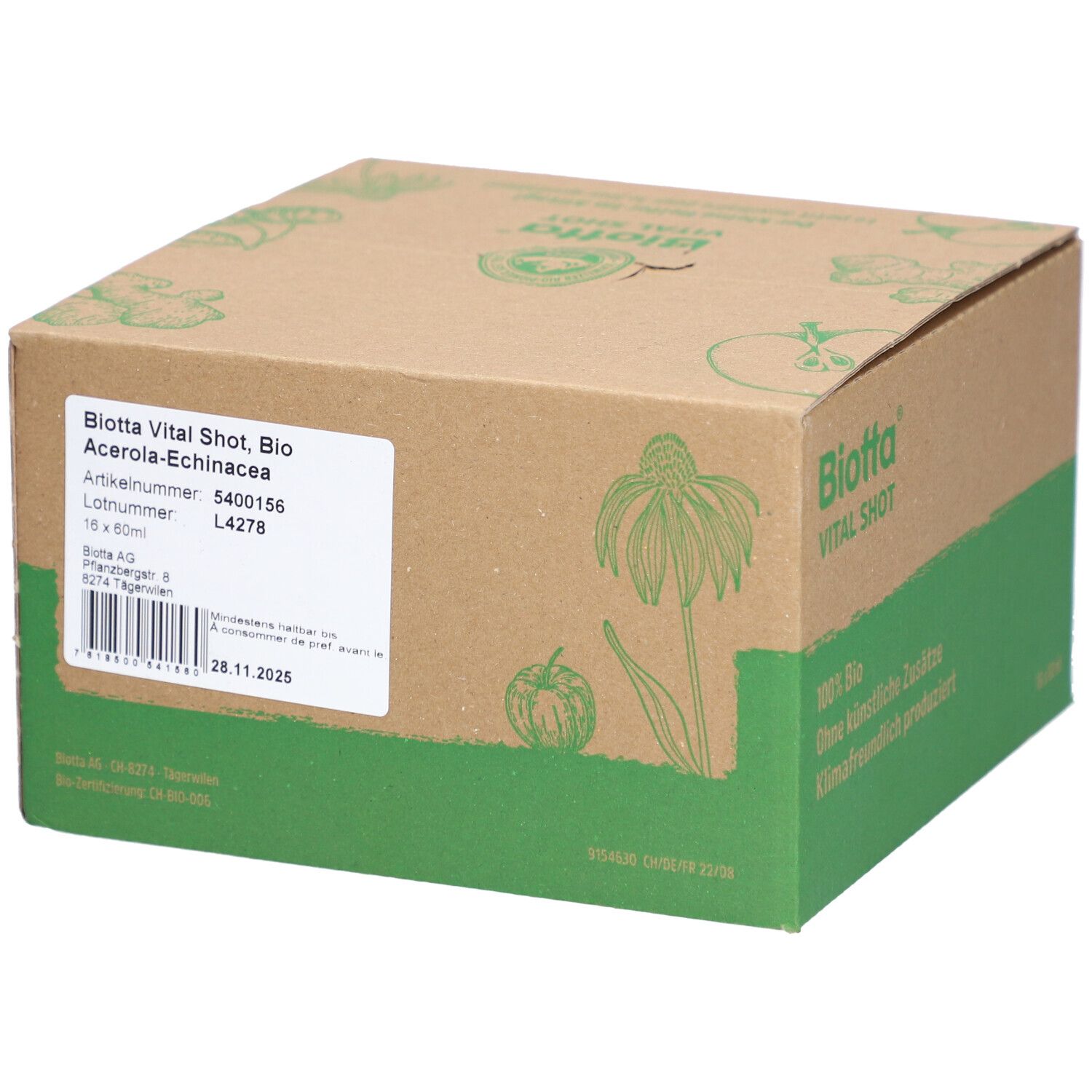 Kartonverpackung von Biotta Vital Shot. Grün-braune Farbgebung. Aufschrift: Biotta Vital Shot, Bio Acerola-Echinacea, Artikelnummer, Lotnummer.