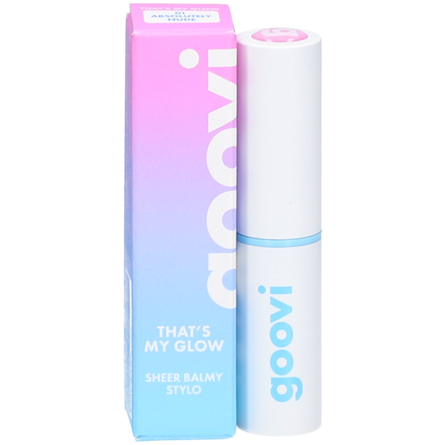 Bâton de baume à lèvres blanc et boîte. La boîte porte "goovi" et "Absolutely Nude". Le bâton a un anneau bleu clair.