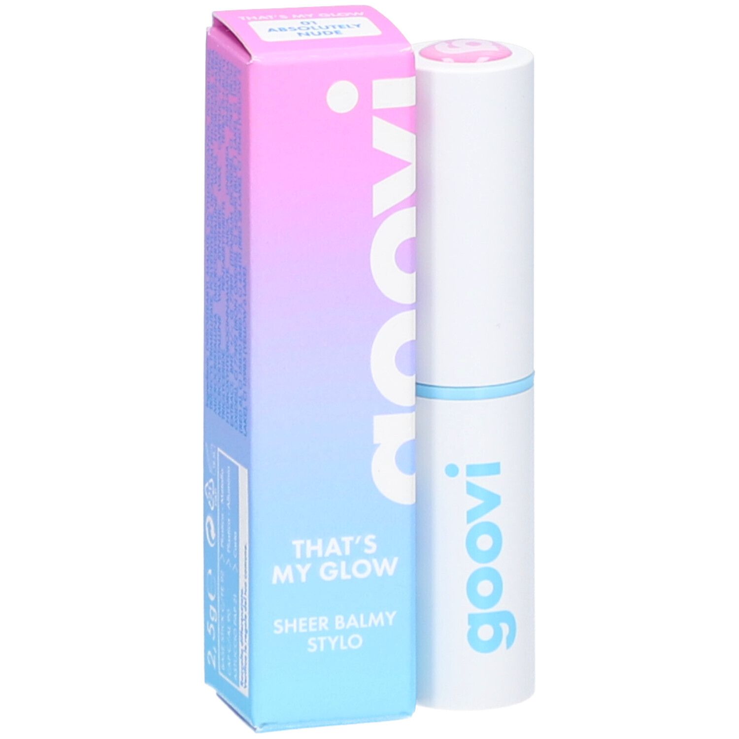 Baume à lèvres et emballage. Emballage avec dégradé de couleurs, nom du produit et marque Goovi. Teinte Absolutely Nude.