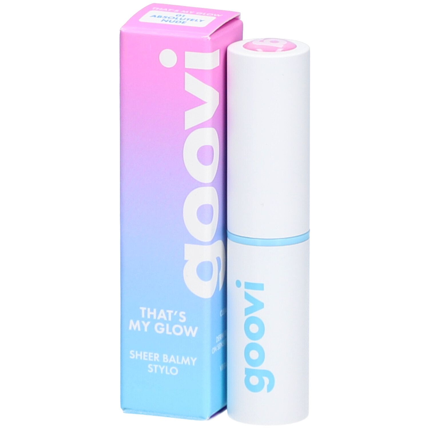 Baume à lèvres et emballage. Emballage avec dégradé de couleurs, nom du produit et marque Goovi. Teinte Absolutely Nude.
