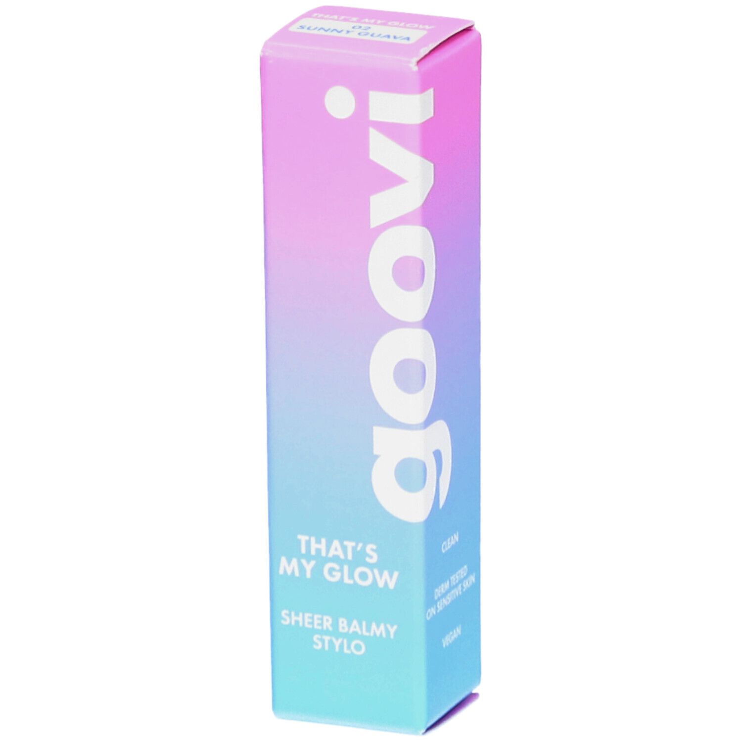 Goovi That's My Glow Baume à lèvres coloré. Farbverlauf-Verpackung mit Produktnamen und Logo. Farbe 02 Goyave ensoleillée.