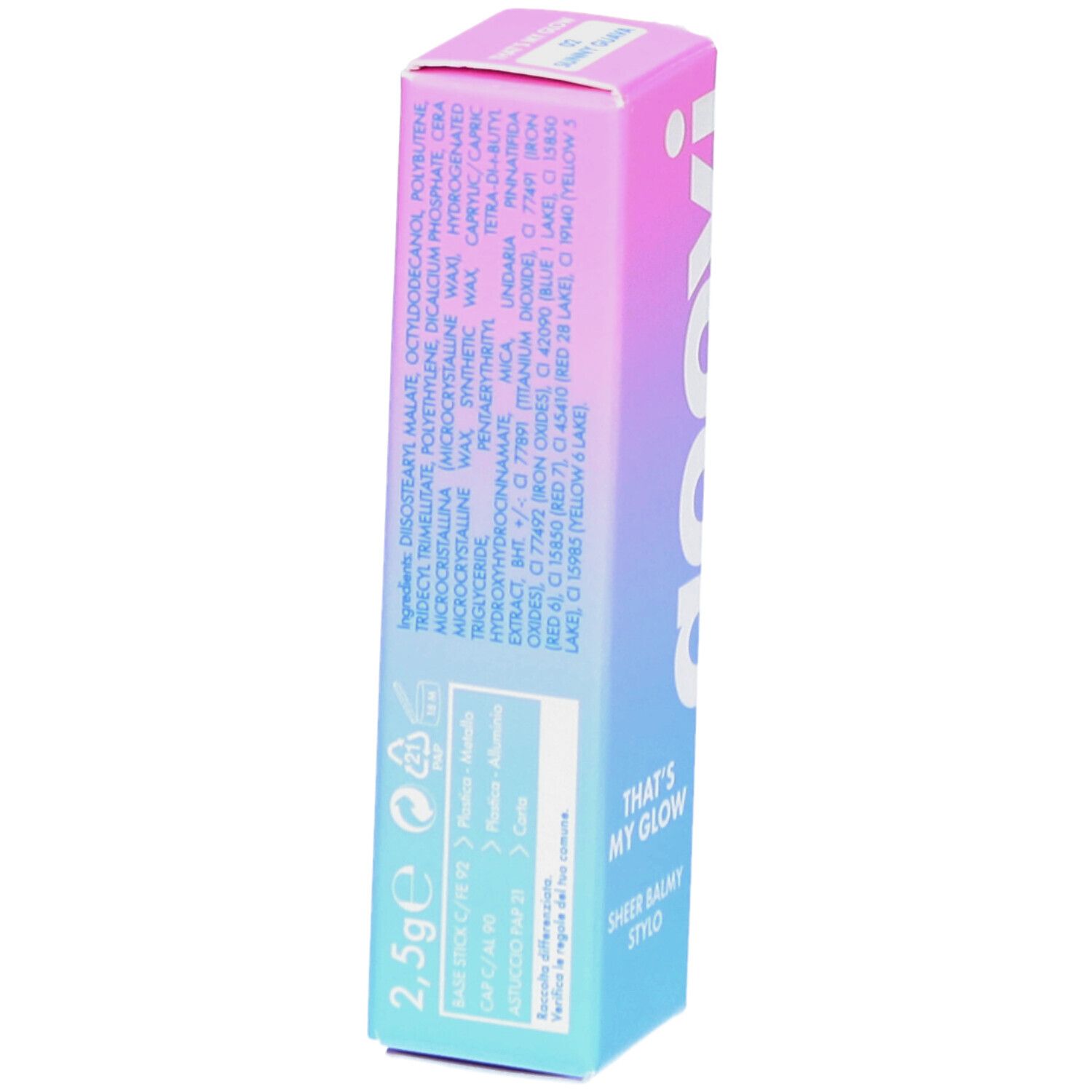 Rückseite der Goovi-Verpackung. Enthält Inhaltsstoffe, Gewicht (2,5 g) und Recycling-Symbole. Text in mehreren Sprachen.