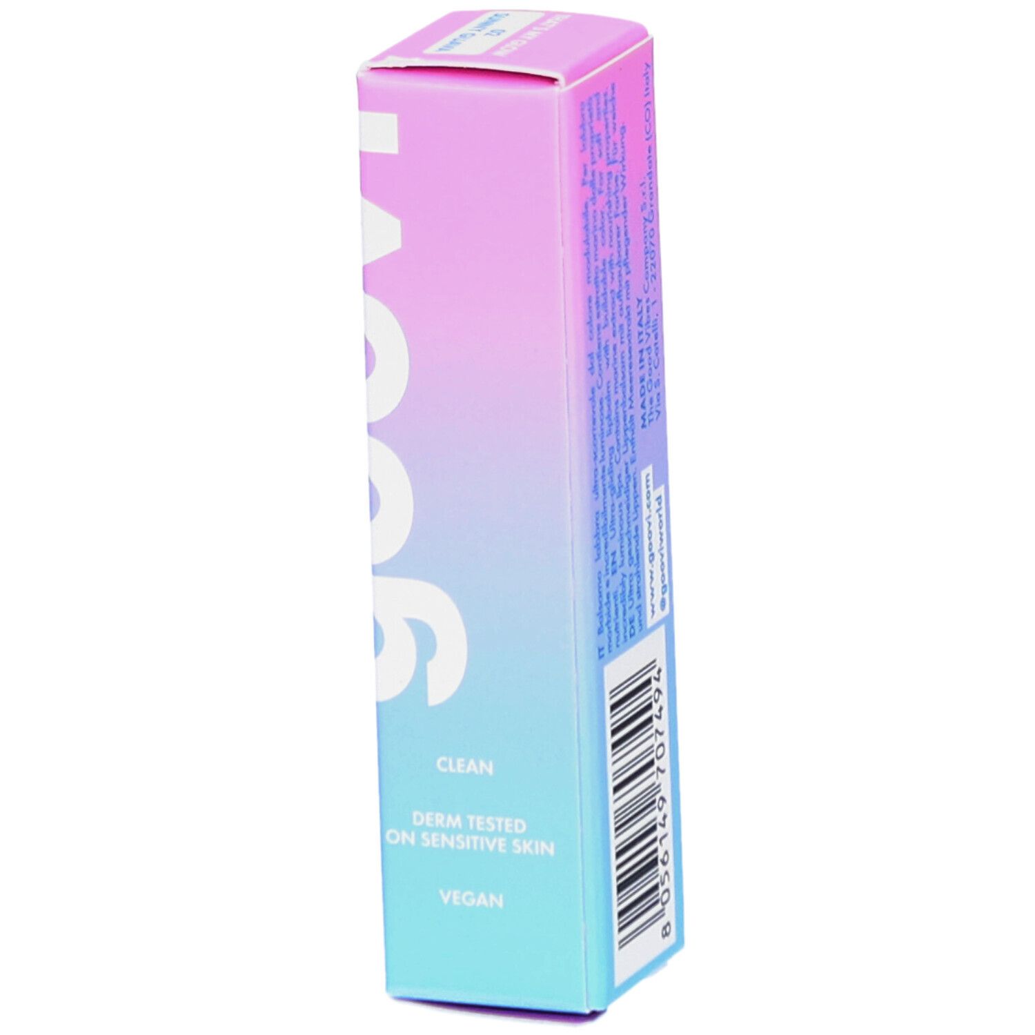 Seite der Goovi-Verpackung mit Logo, Produktnamen und Angaben zu Inhaltsstoffen: Clean, dermatologisch getestet, vegan.
