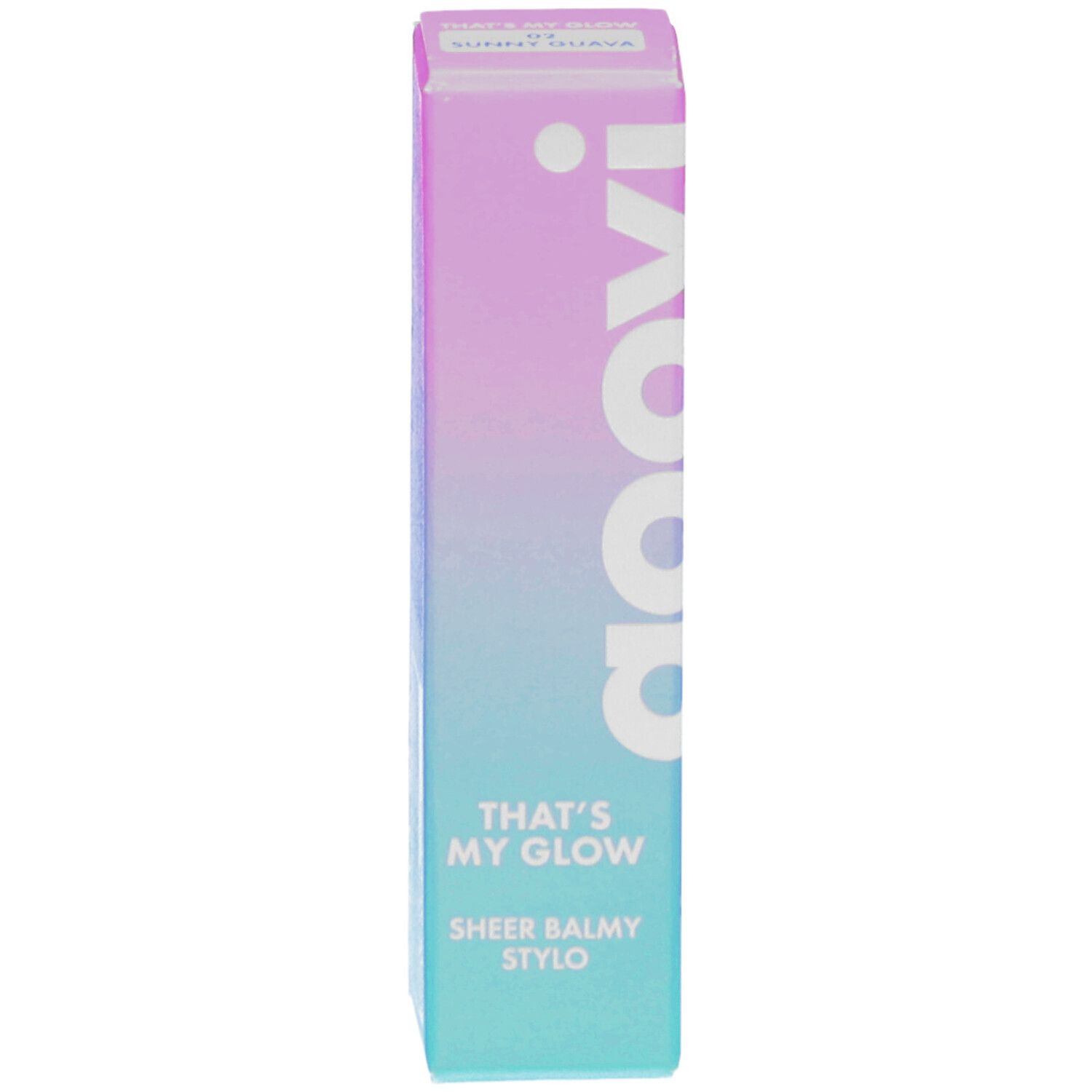 Goovi That's My Glow Baume à lèvres coloré. Farbverlauf-Verpackung mit Produktnamen und Logo. Farbe 02 Goyave ensoleillée.