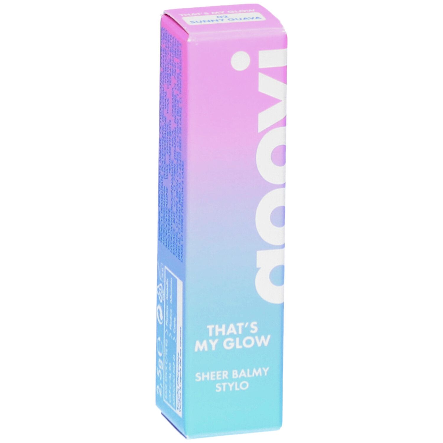 Goovi That's My Glow Baume à lèvres coloré. Farbverlauf-Verpackung mit Produktnamen und Logo. Farbe 02 Goyave ensoleillée.