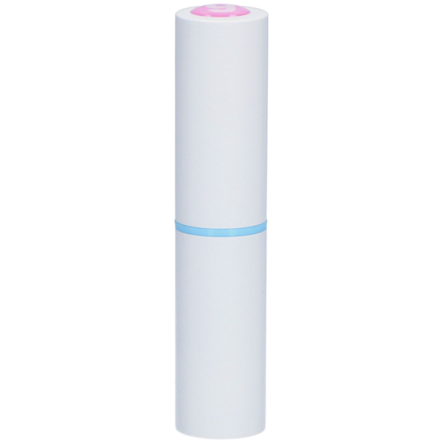 Weißer Lippenbalsam-Stift mit hellblauem Ring. Oben rosa. Marke: Goovi.