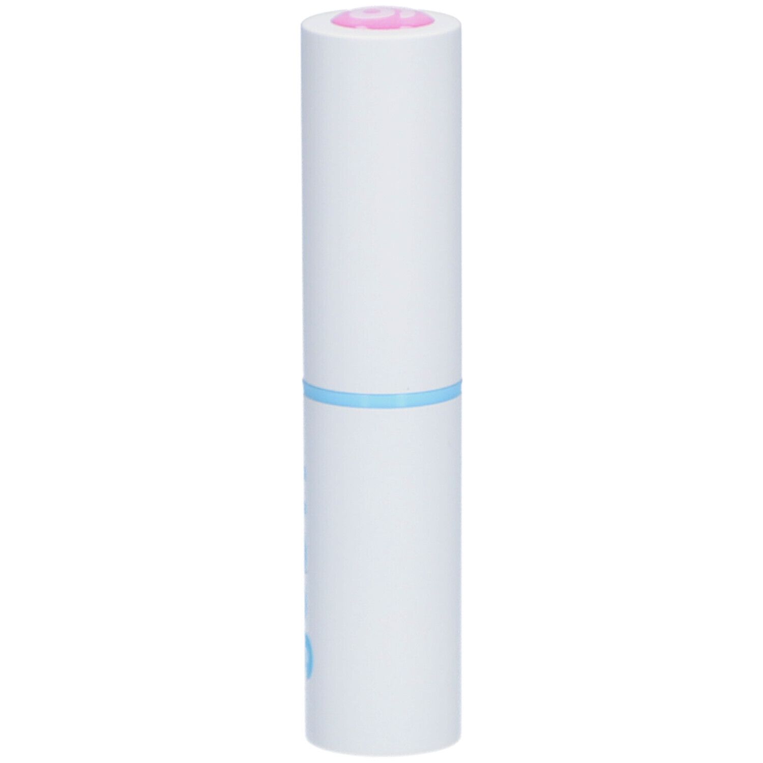 Weißer Lippenbalsam-Stift mit hellblauem Ring. Oben rosa. Marke: Goovi.