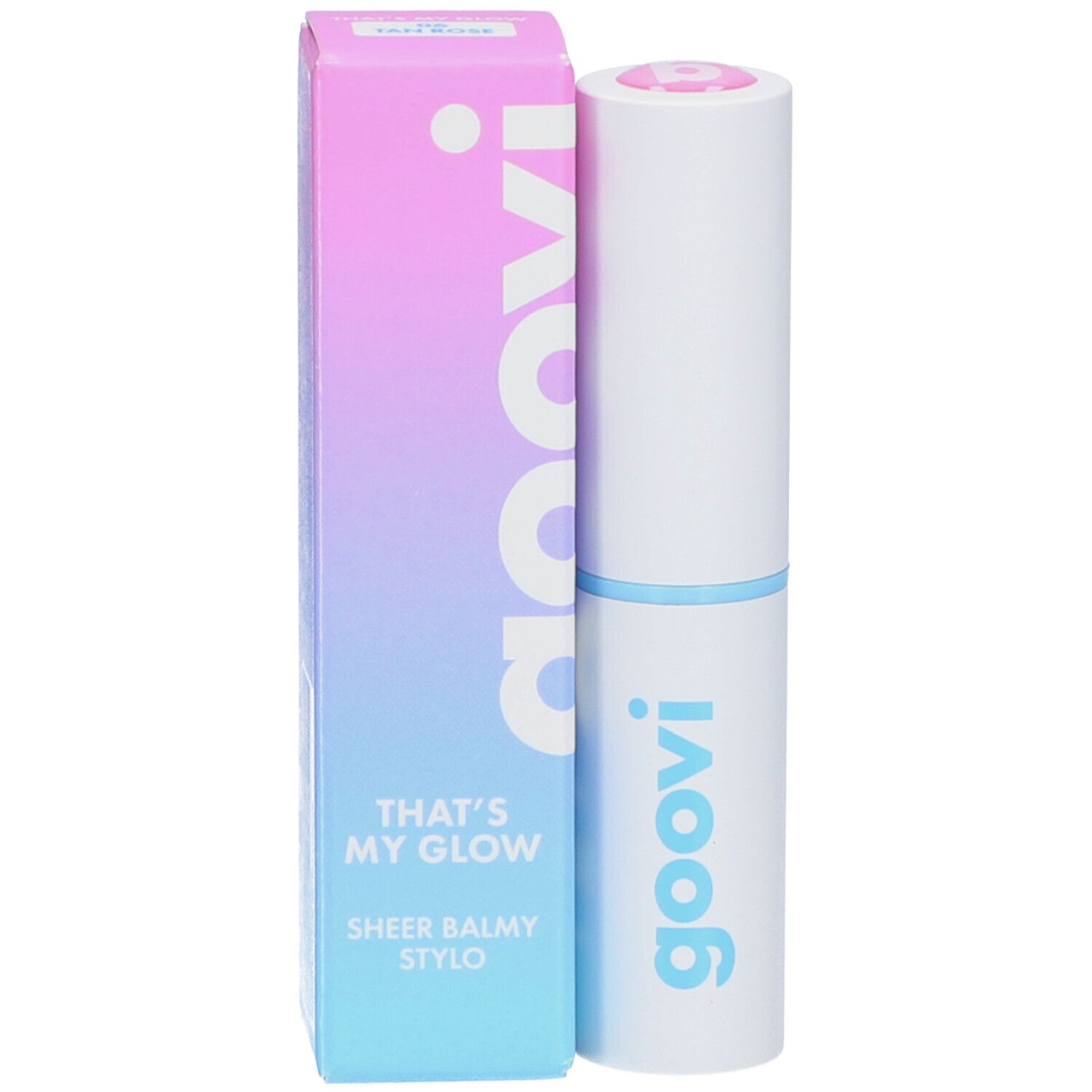 Lippenbalsam-Stift und Verpackung. Verpackung mit Farbverlauf von Pink zu Blau. Marke: Goovi.