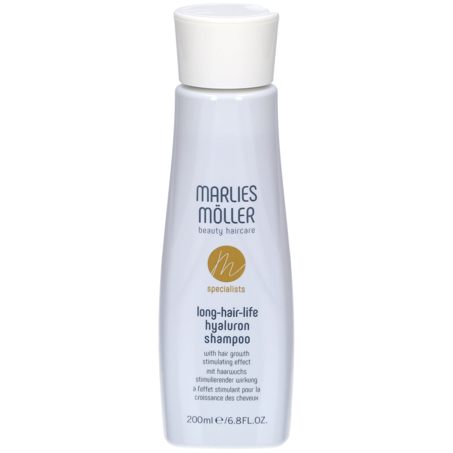 Weißes Shampoo-Fläschchen mit weißem Deckel. Aufschrift: Marlies Möller, long-hair-life hyaluron shampoo.