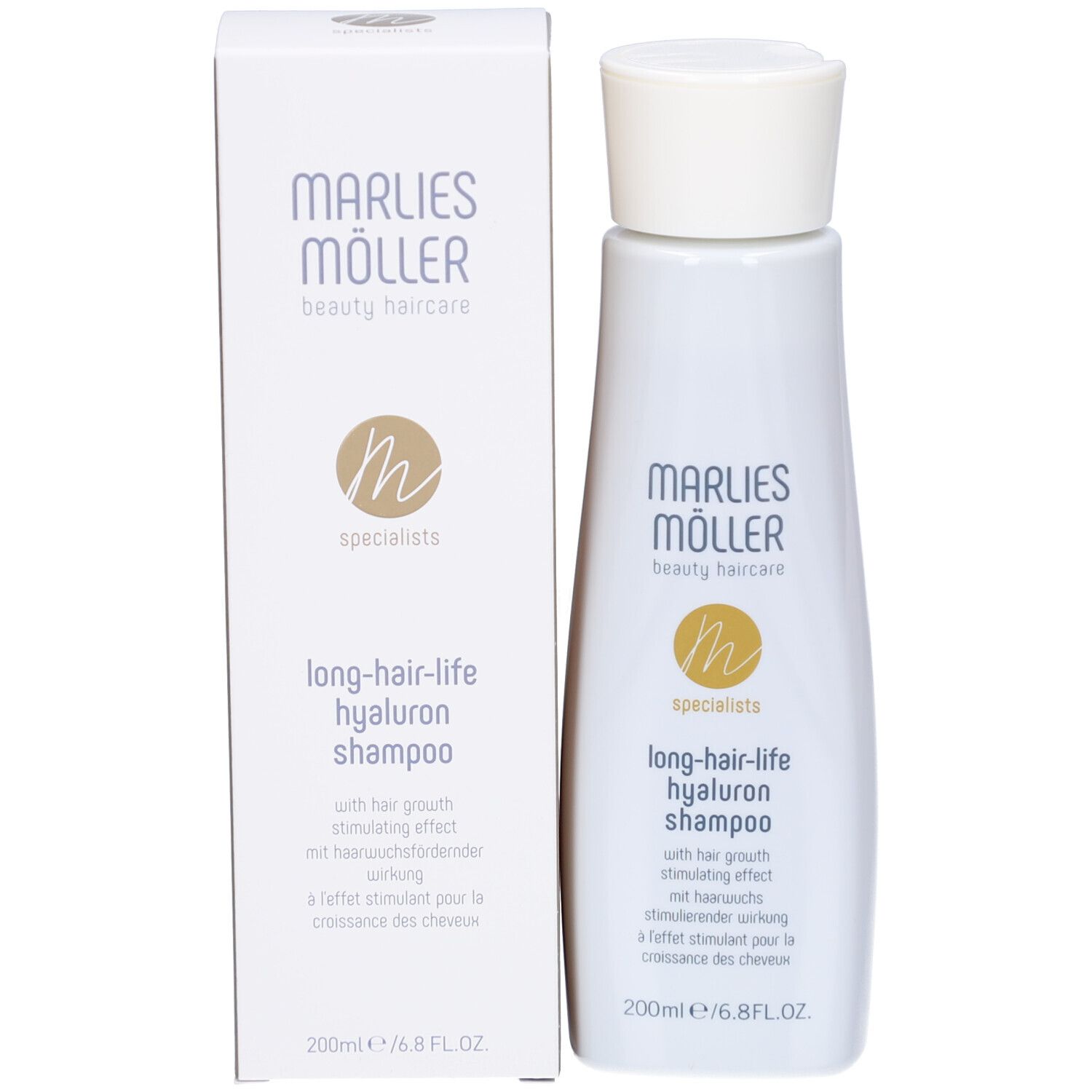 Weißer Karton mit Shampoo-Fläschchen. Aufschrift: Marlies Möller, long-hair-life hyaluron shampoo.