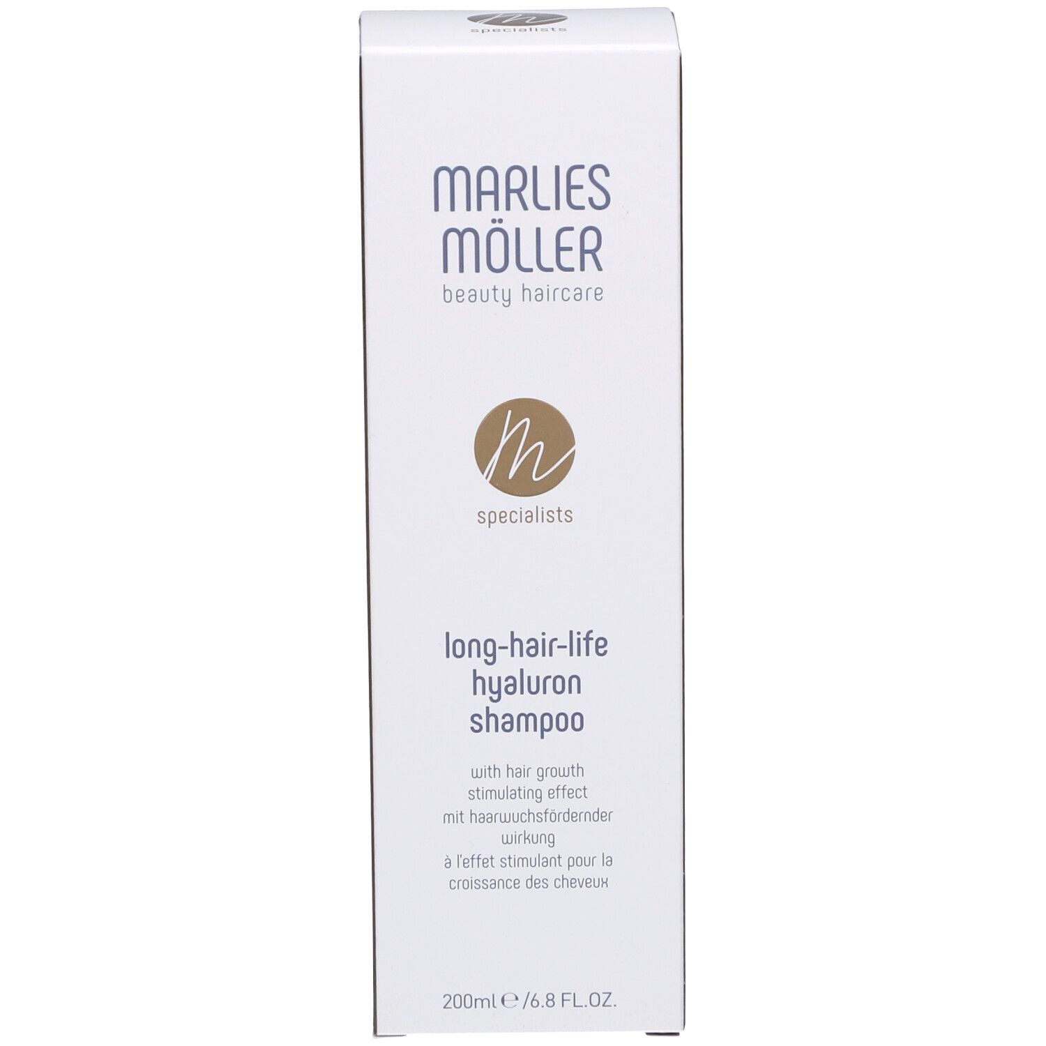 Weißer Karton. Aufschrift: Marlies Möller, long-hair-life hyaluron shampoo.