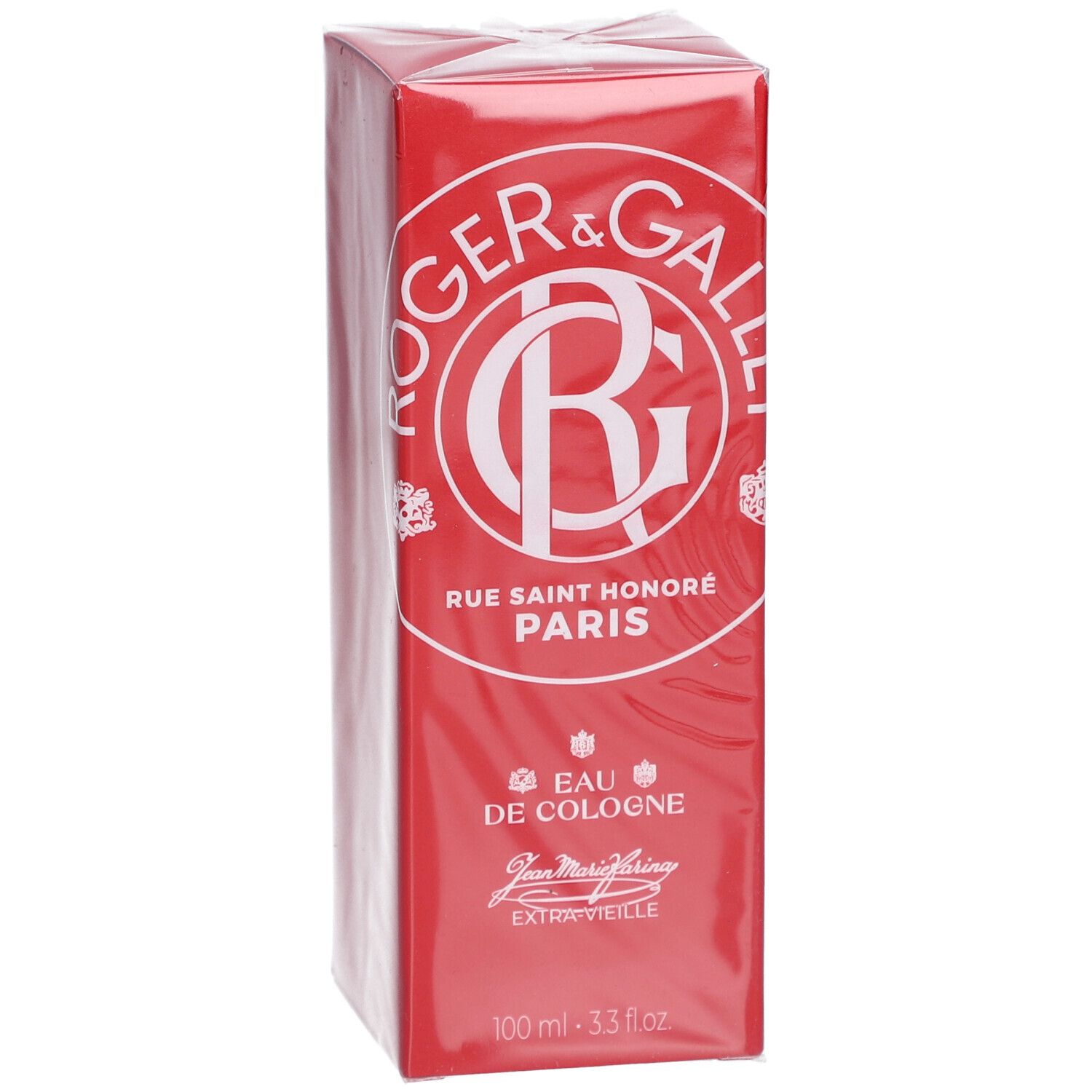 Rote Schachtel mit weißem Logo von Roger & Gallet. Text: Eau de Cologne, Jean Marie Farina, Extra Vieille. 100 ml.