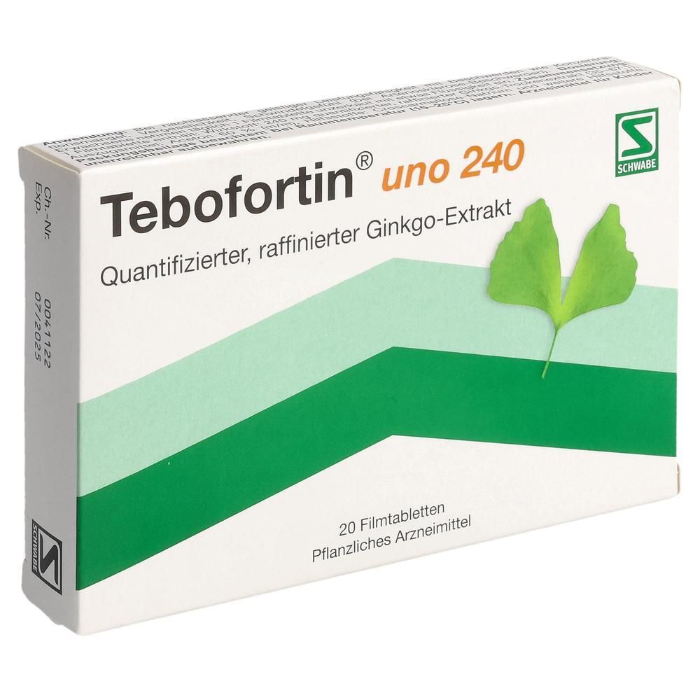 Schachtel mit "Tebofortin uno 240". Grün-weiße Verpackung mit Ginkgo-Blatt-Illustration. Enthält 20 Filmtabletten.