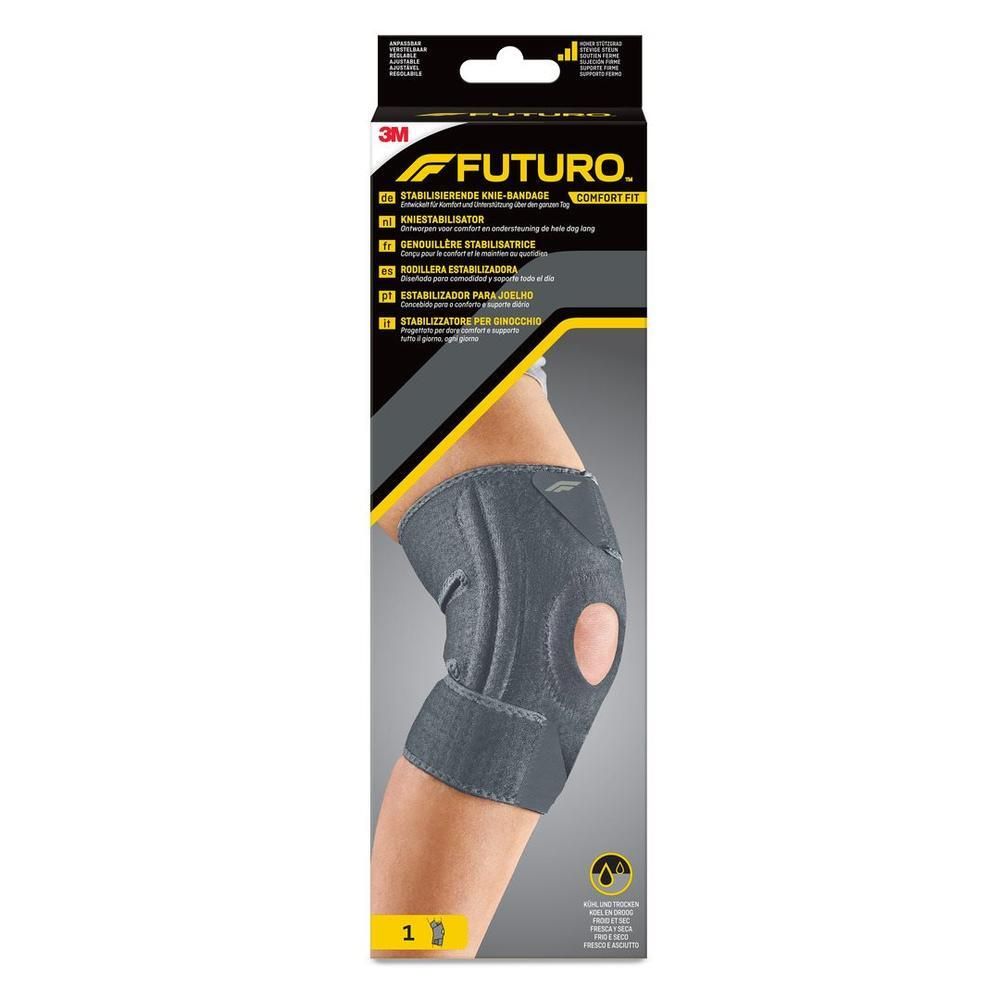 Grauer Kniestabilisator mit Patella-Aussparung, verstellbare Klettverschlüsse. Verpackung mit Produktabbildung.