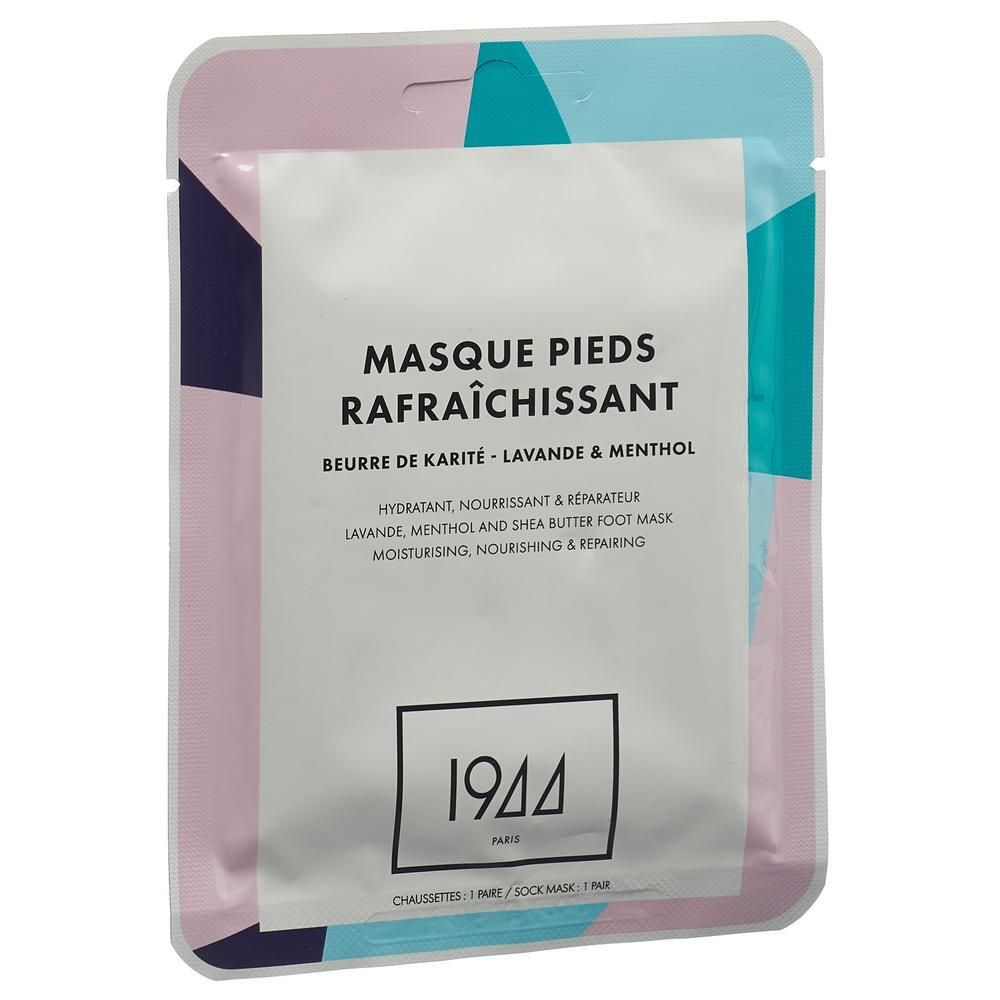 Masque pieds rafraîchissant en sachet. Ingrédients: beurre de karité, lavande, menthol. Marque: 1944 PARIS. Hydratant, nourrissant et réparateur.