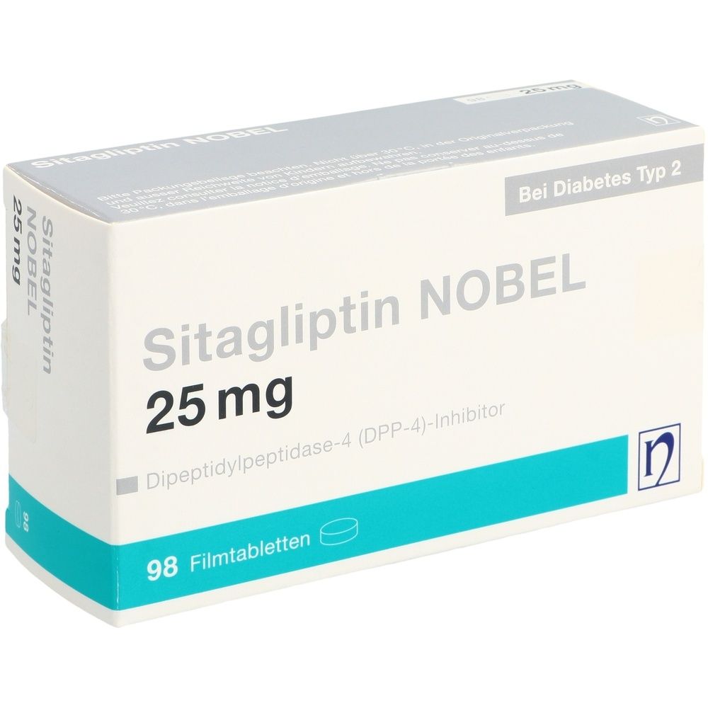 Weiße Schachtel mit Aufschrift Sitagliptin NOBEL 25 mg. Enthält 98 Filmtabletten. Text: Bei Diabetes Typ 2. Logo.