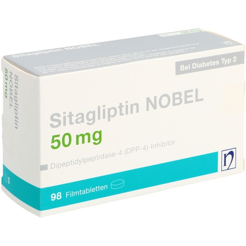 Weiße Schachtel mit Aufschrift Sitagliptin NOBEL 50 mg. Enthält 98 Filmtabletten. Text: Bei Diabetes Typ 2.