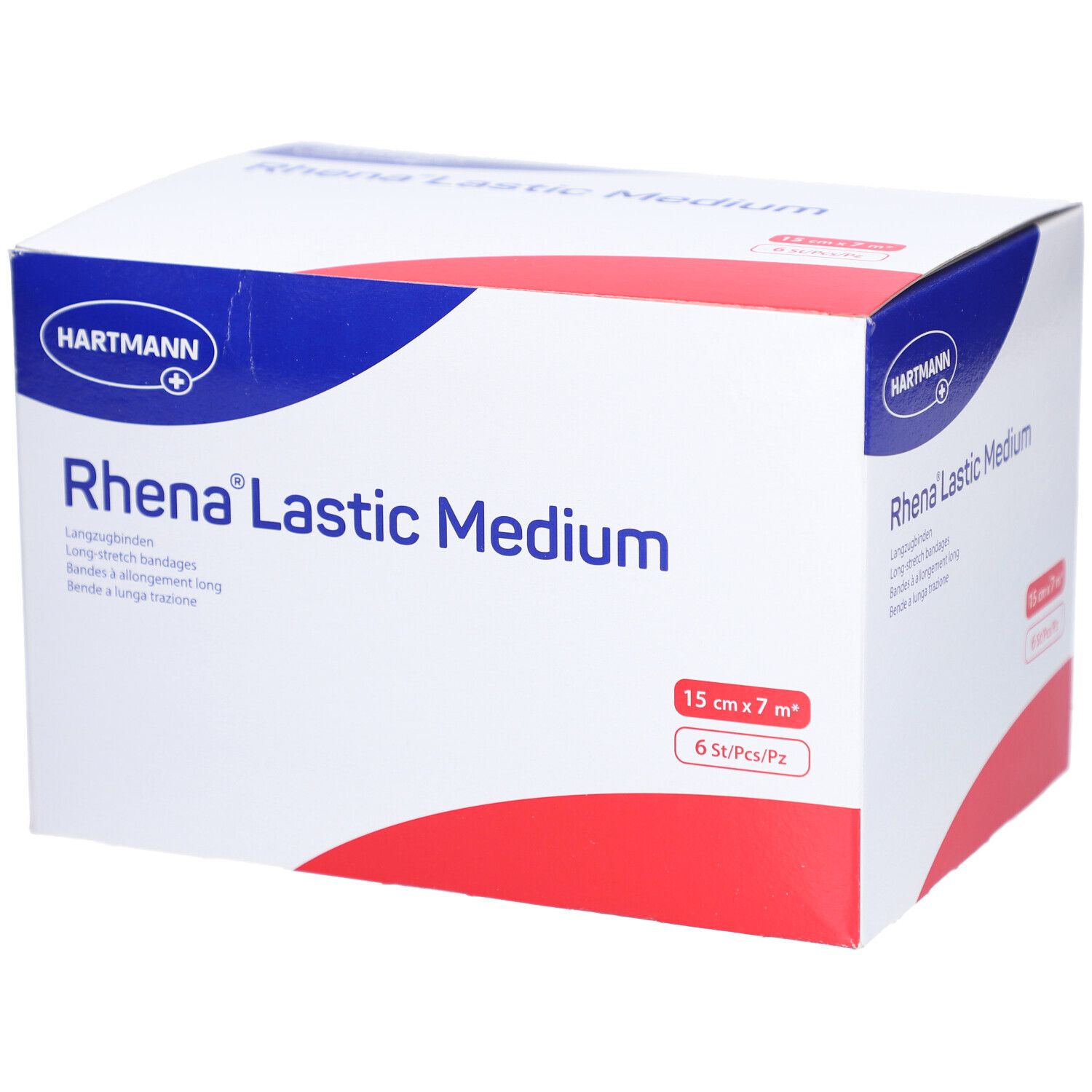 Verpackung von HARTMANN Rhena® Lastic Medium Langzugbinden. Aufschrift: 15 cm x 7 m, 6 Stück. Blau-weiß-rote Farbgebung.