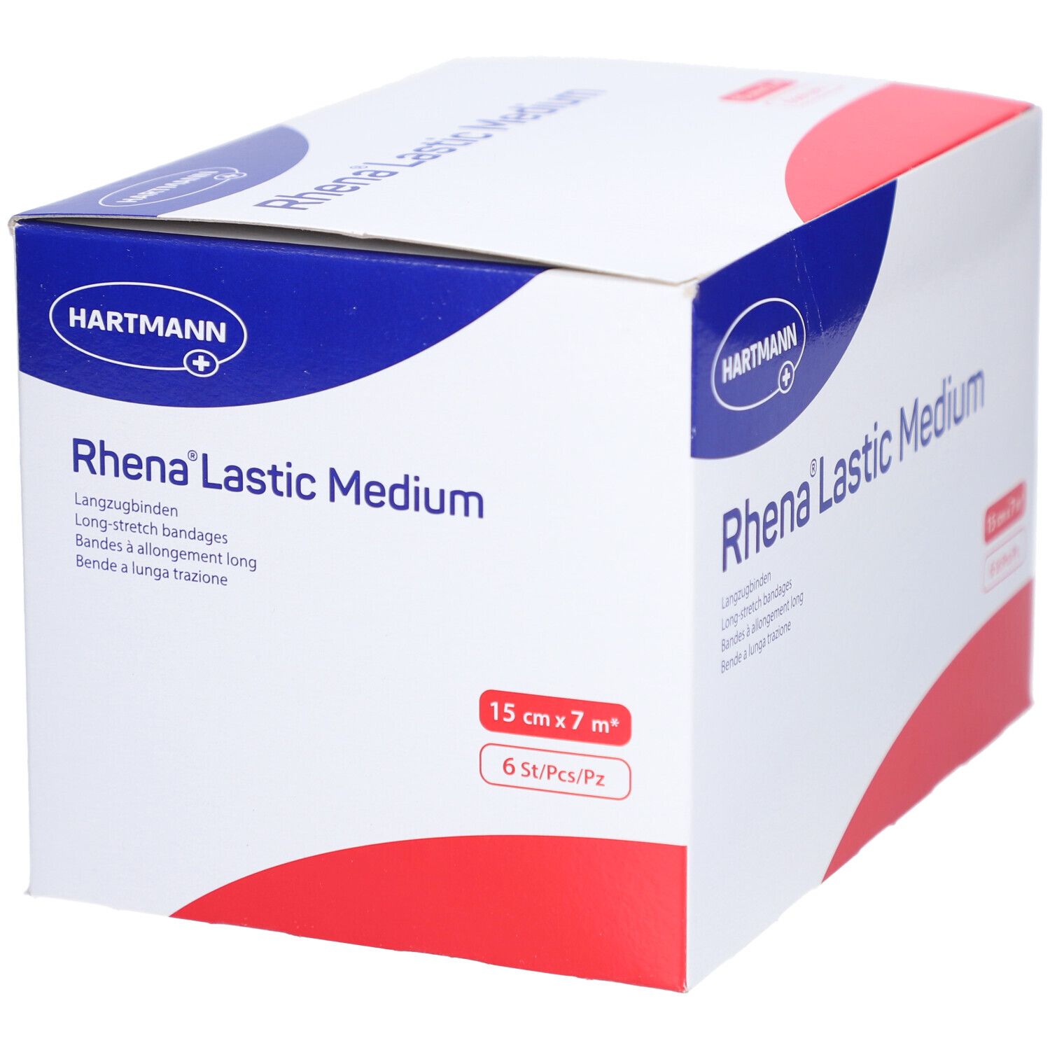 Verpackung von HARTMANN Rhena® Lastic Medium. Aufschrift: 15 cm x 7 m, 6 Stück. Blau-weiß-rote Farbgebung.