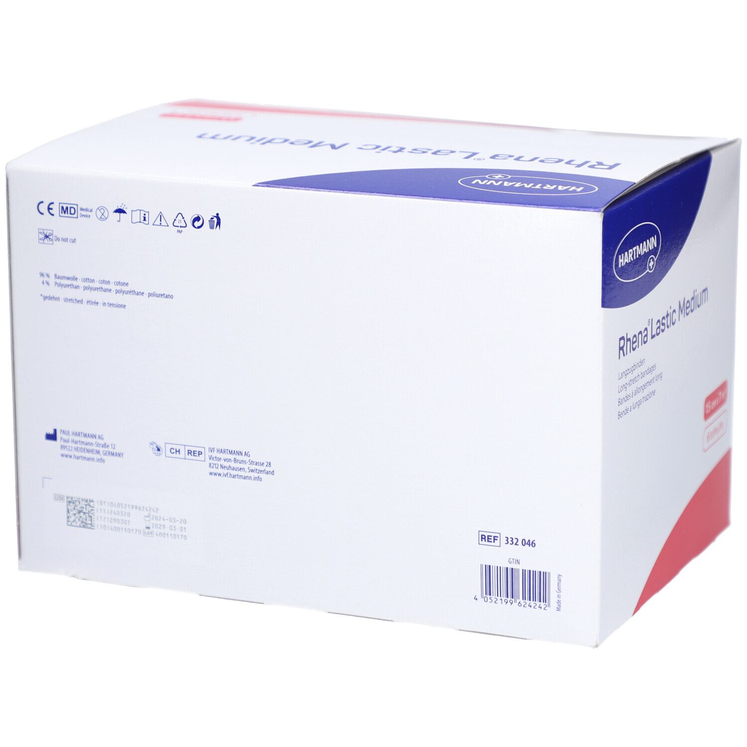 Rückseite der Verpackung von HARTMANN Rhena® Lastic Medium. Text und Symbole. Referenznummer 132 046.