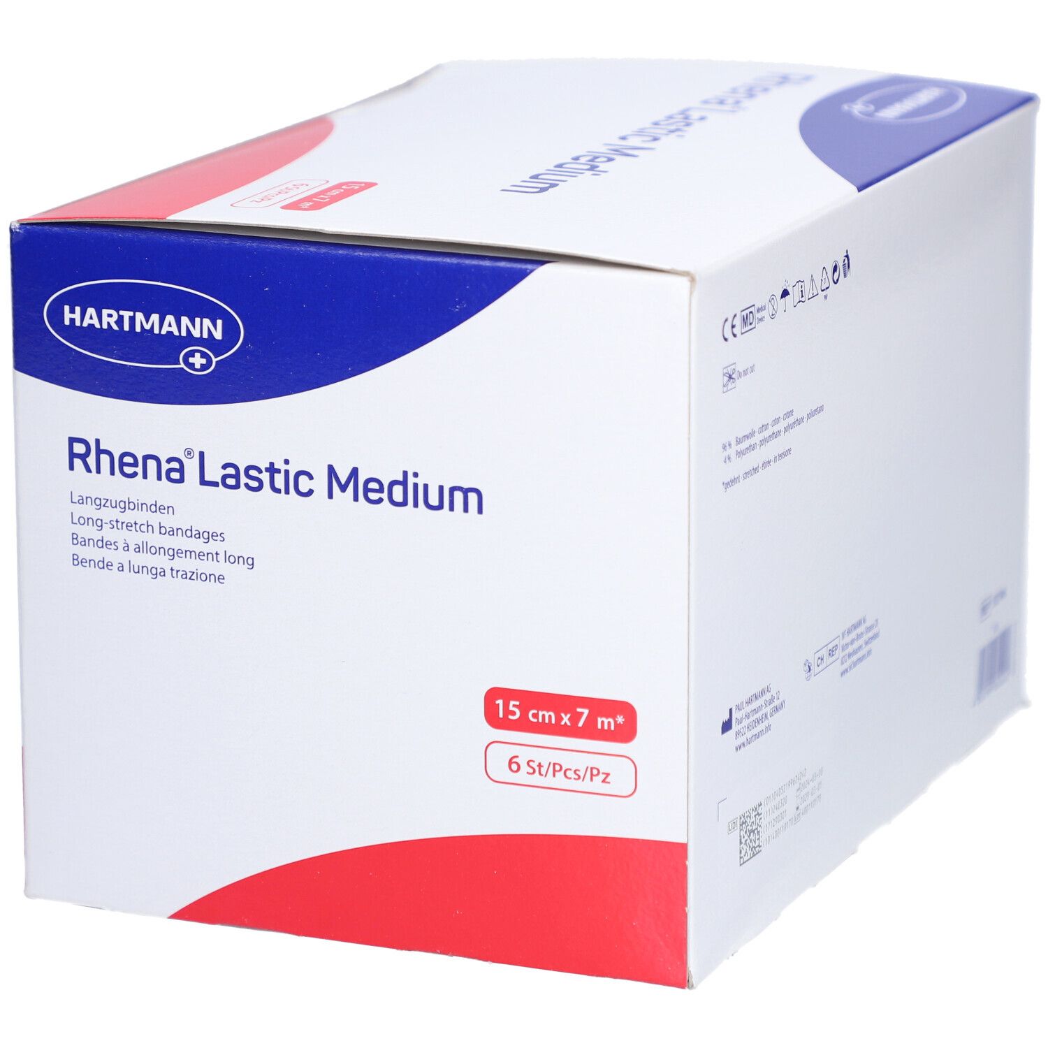 Verpackung von HARTMANN Rhena® Lastic Medium. Aufschrift: 15 cm x 7 m, 6 Stück. Blau-weiß-rote Farbgebung.