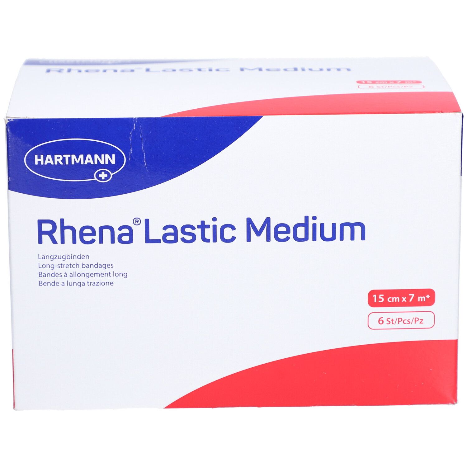 Verpackung von HARTMANN Rhena® Lastic Medium. Aufschrift: 15 cm x 7 m, 6 Stück. Blau-weiß-rote Farbgebung.